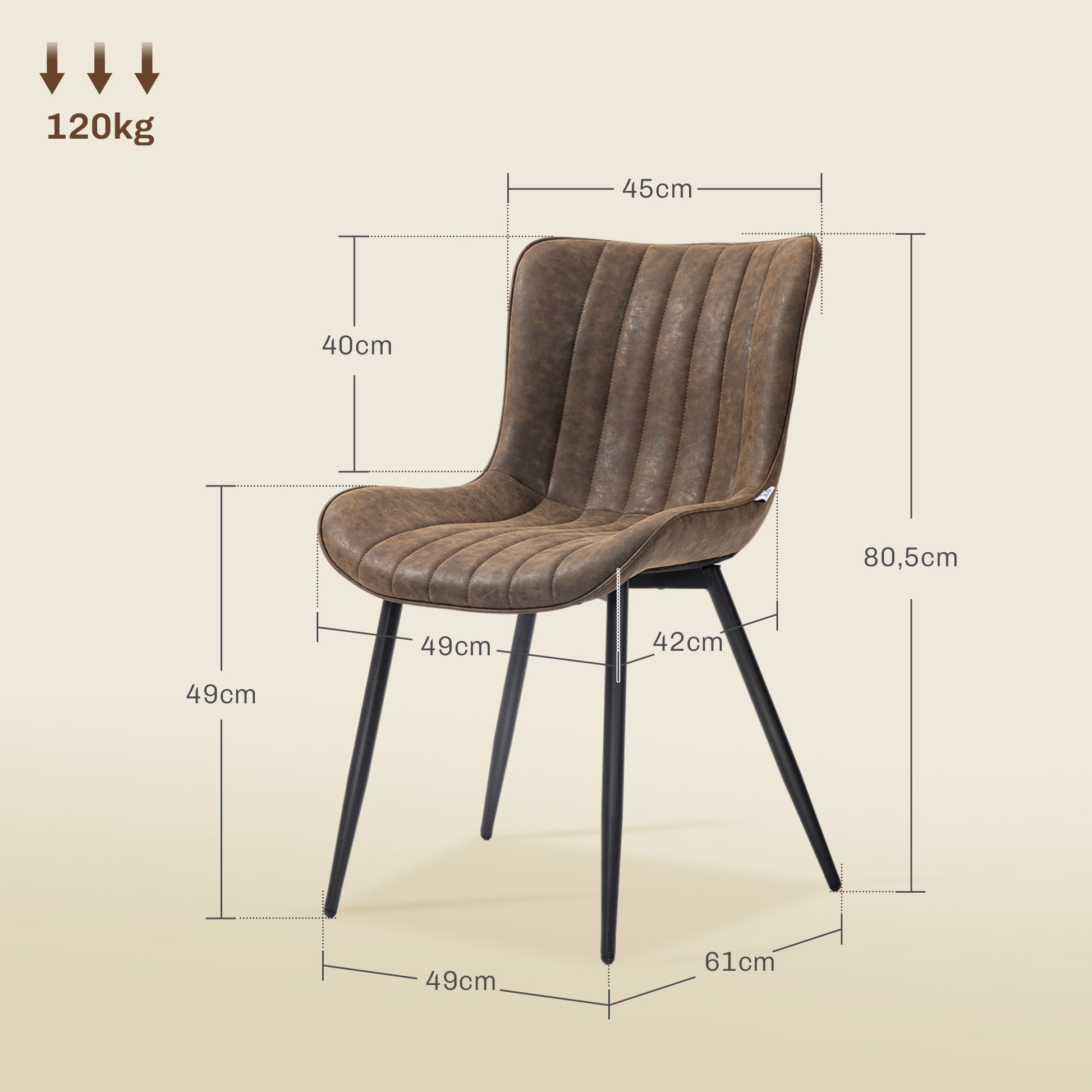 Set of 2 dining chairs modern kitchen chair in synthetic coating with tufted design and metal legs, for living room, dining room, bedroom, brown