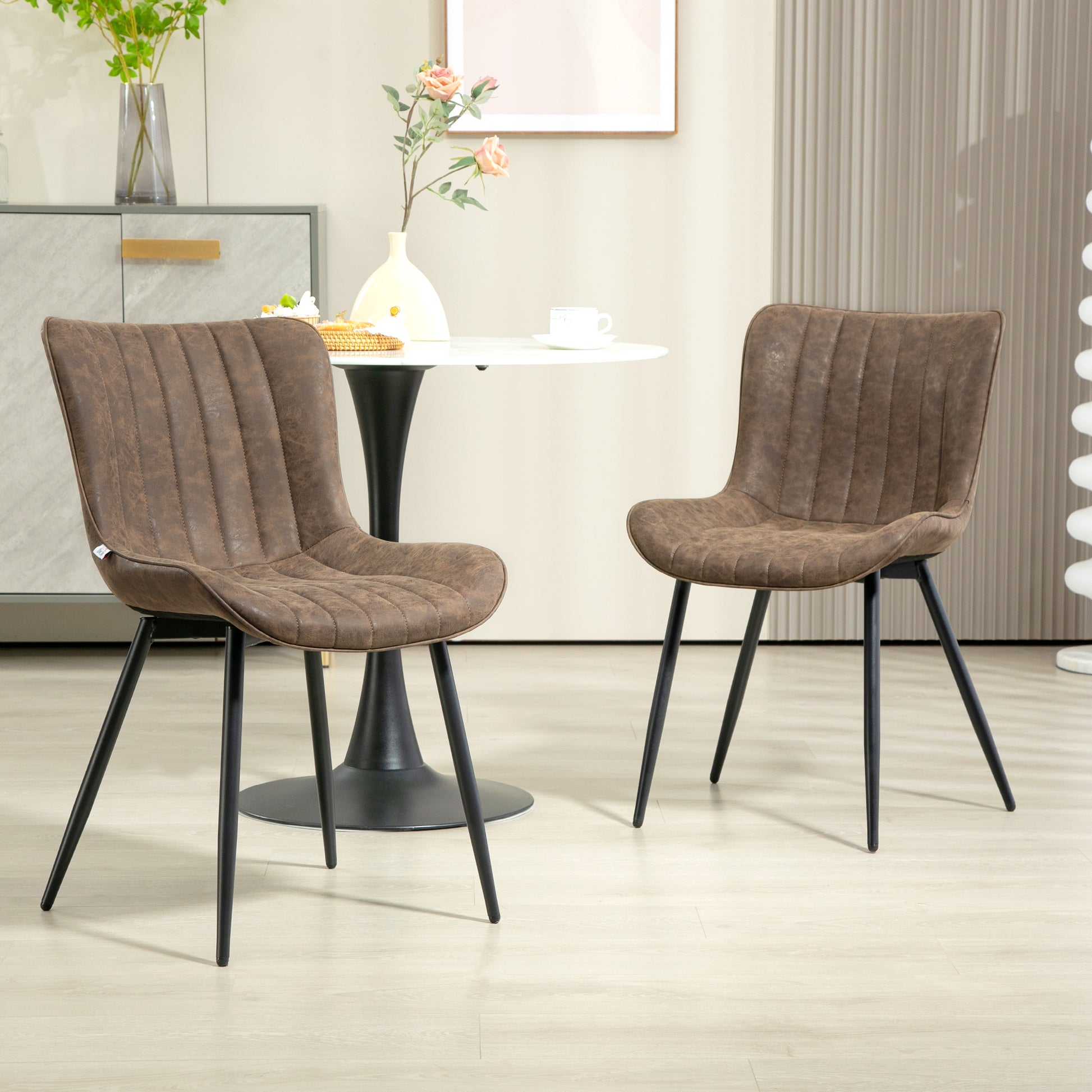 Set of 2 dining chairs modern kitchen chair in synthetic coating with tufted design and metal legs, for living room, dining room, bedroom, brown