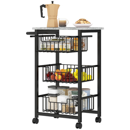 Kitchen Cart Vegetable Cart for Kitchen with 3 Sliding Baskets and Steel Frame Wheeled Auxiliary Cart for Dining Room 49.5x31x69 cm Light Grey