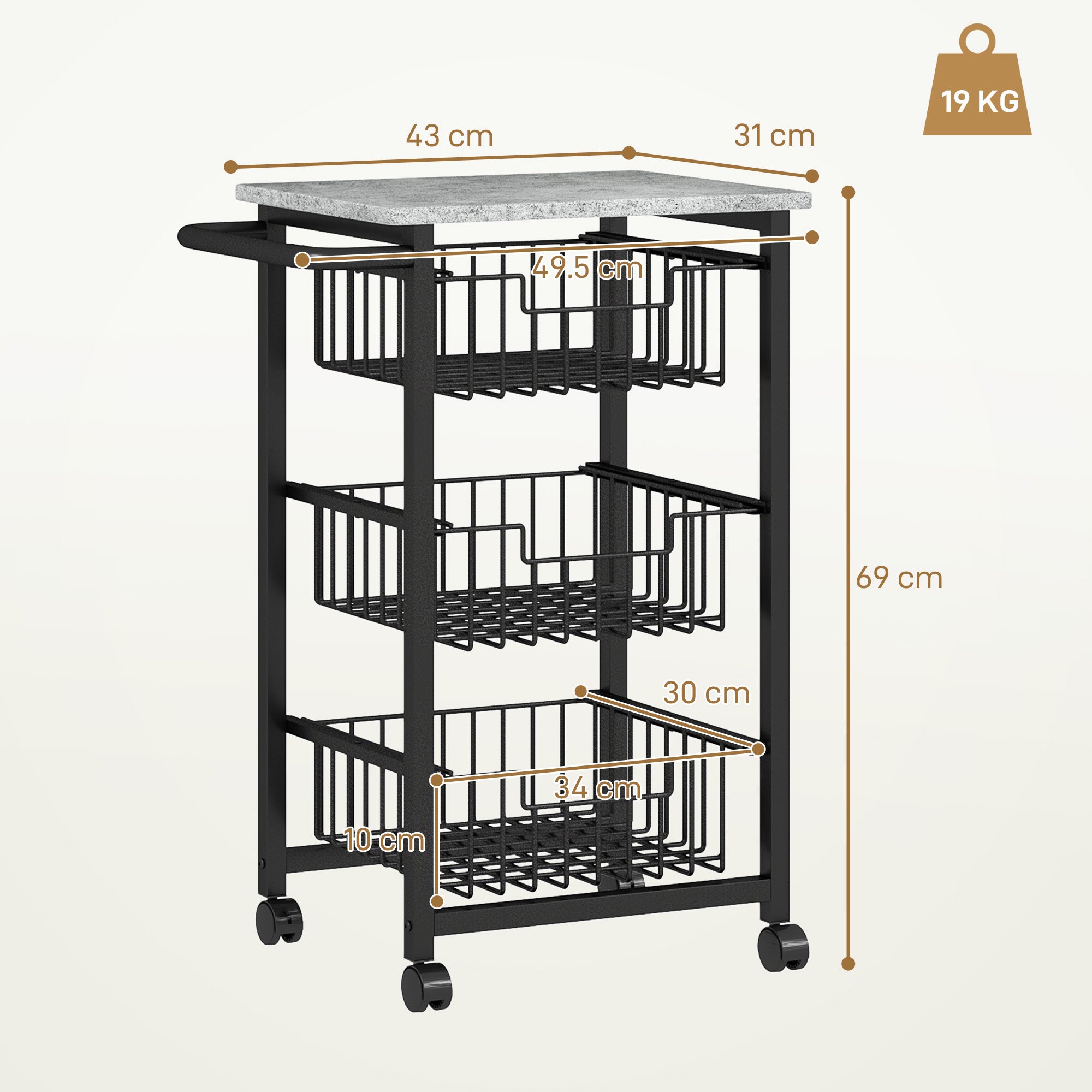 Kitchen Cart Vegetable Cart for Kitchen with 3 Sliding Baskets and Steel Frame Wheeled Auxiliary Cart for Dining Room 49.5x31x69 cm Light Grey