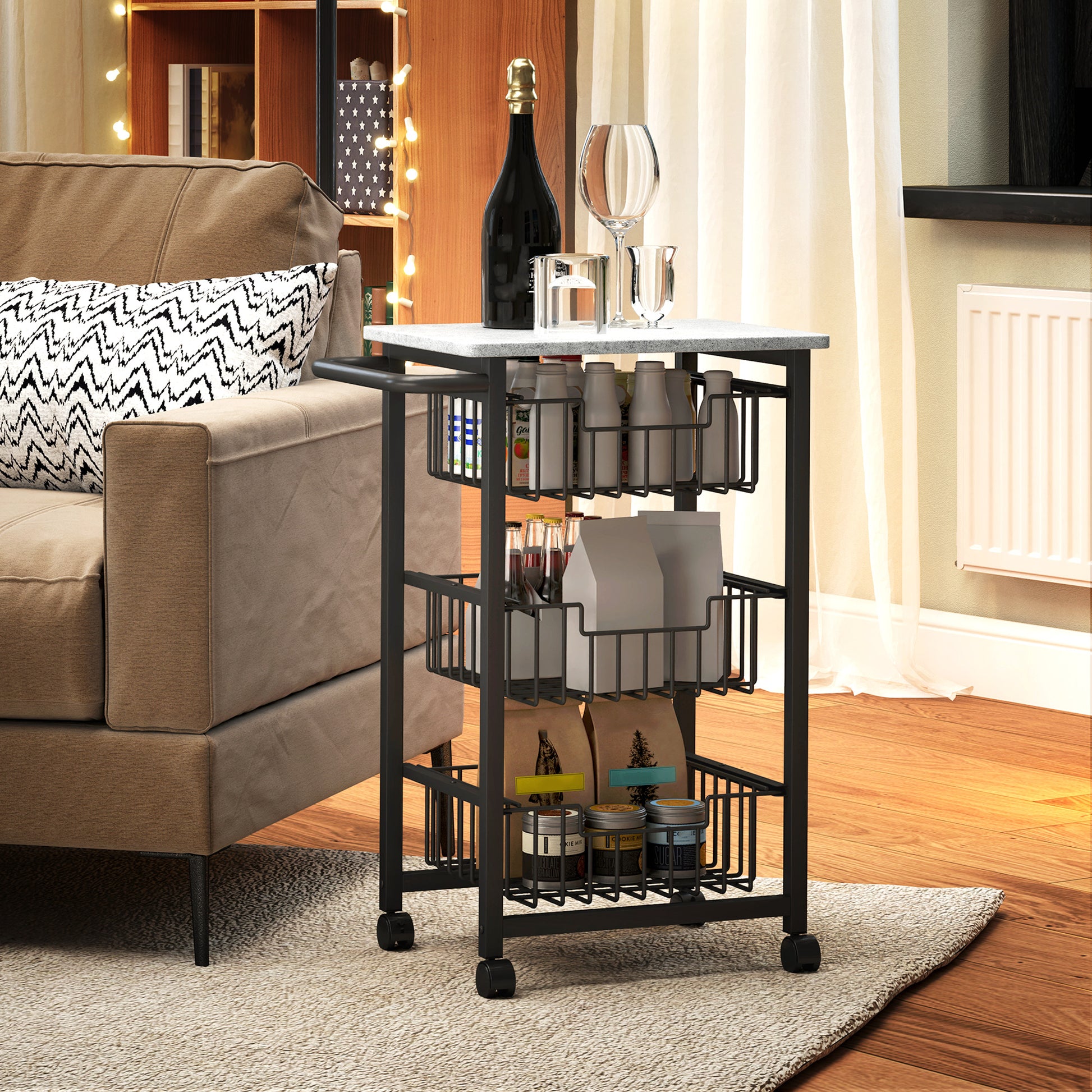 Kitchen Cart Vegetable Cart for Kitchen with 3 Sliding Baskets and Steel Frame Wheeled Auxiliary Cart for Dining Room 49.5x31x69 cm Light Grey