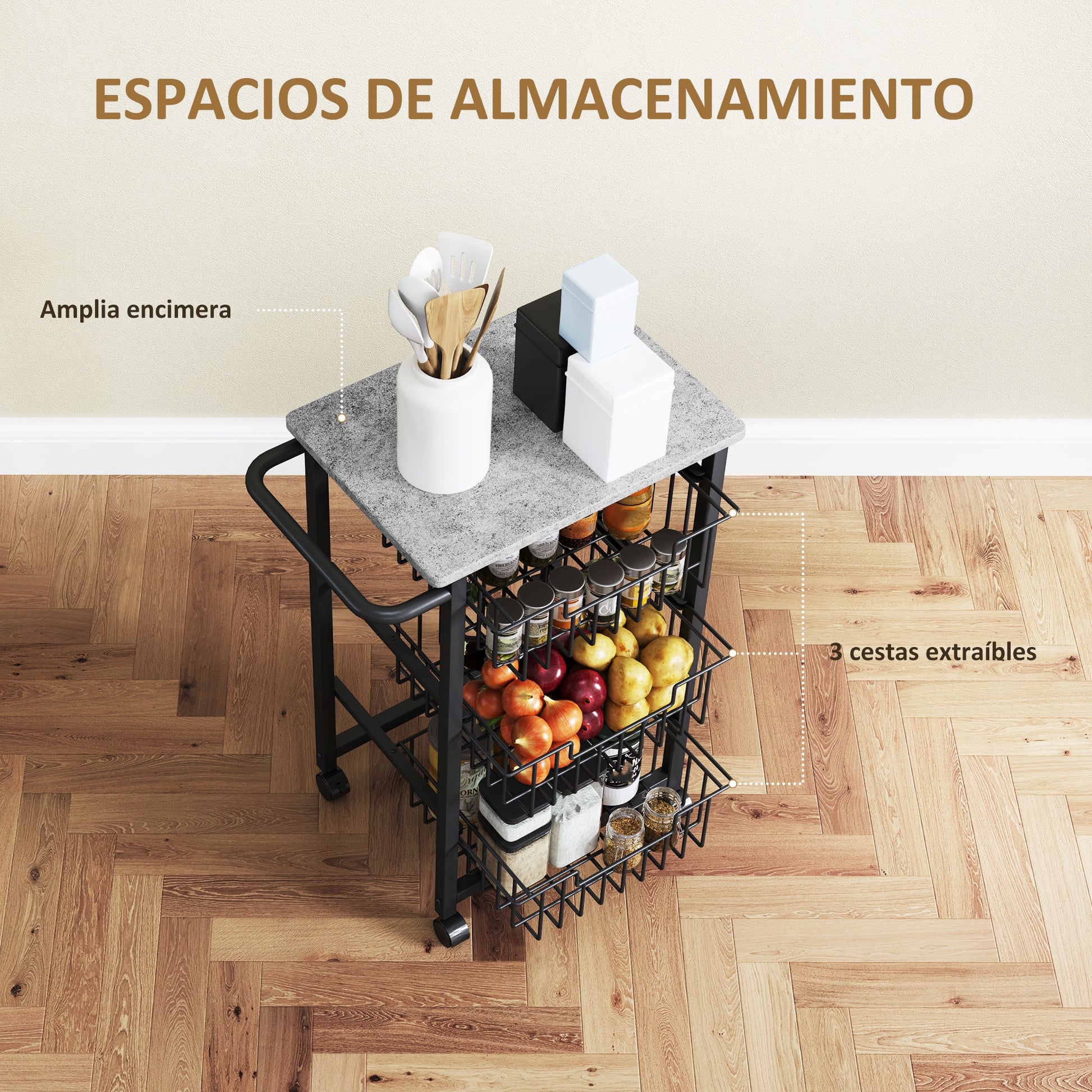 Kitchen Cart Vegetable Cart for Kitchen with 3 Sliding Baskets and Steel Frame Wheeled Auxiliary Cart for Dining Room 49.5x31x69 cm Light Grey