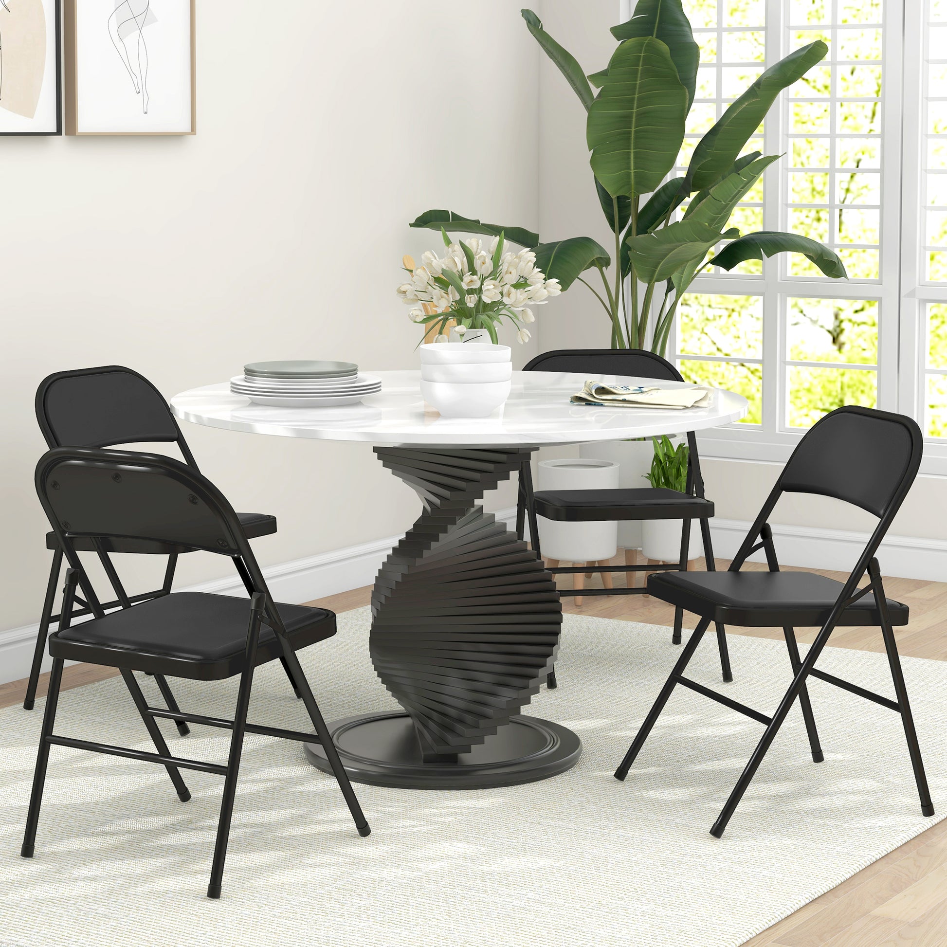 4-Piece Folding Chairs Set, Portable Office Chair with Cushion, Leatherette, Steel Legs, Foldable Chair for Office Reception Waiting Room, Black