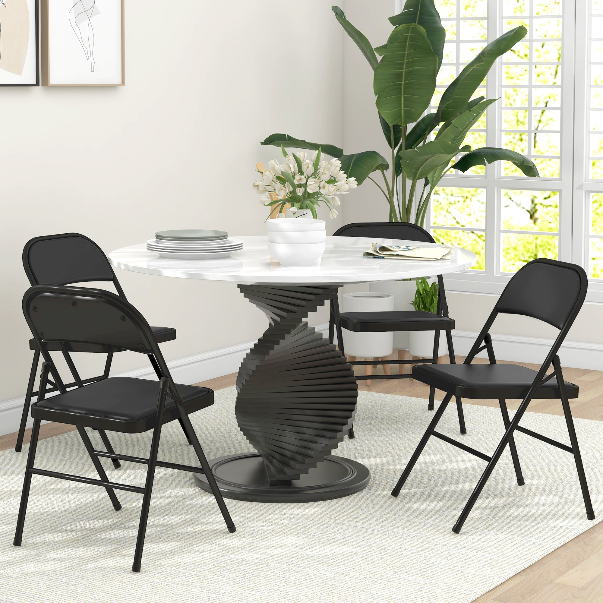 4-Piece Folding Chairs Set, Portable Office Chair with Cushion, Leatherette, Steel Legs, Foldable Chair for Office Reception Waiting Room, Black