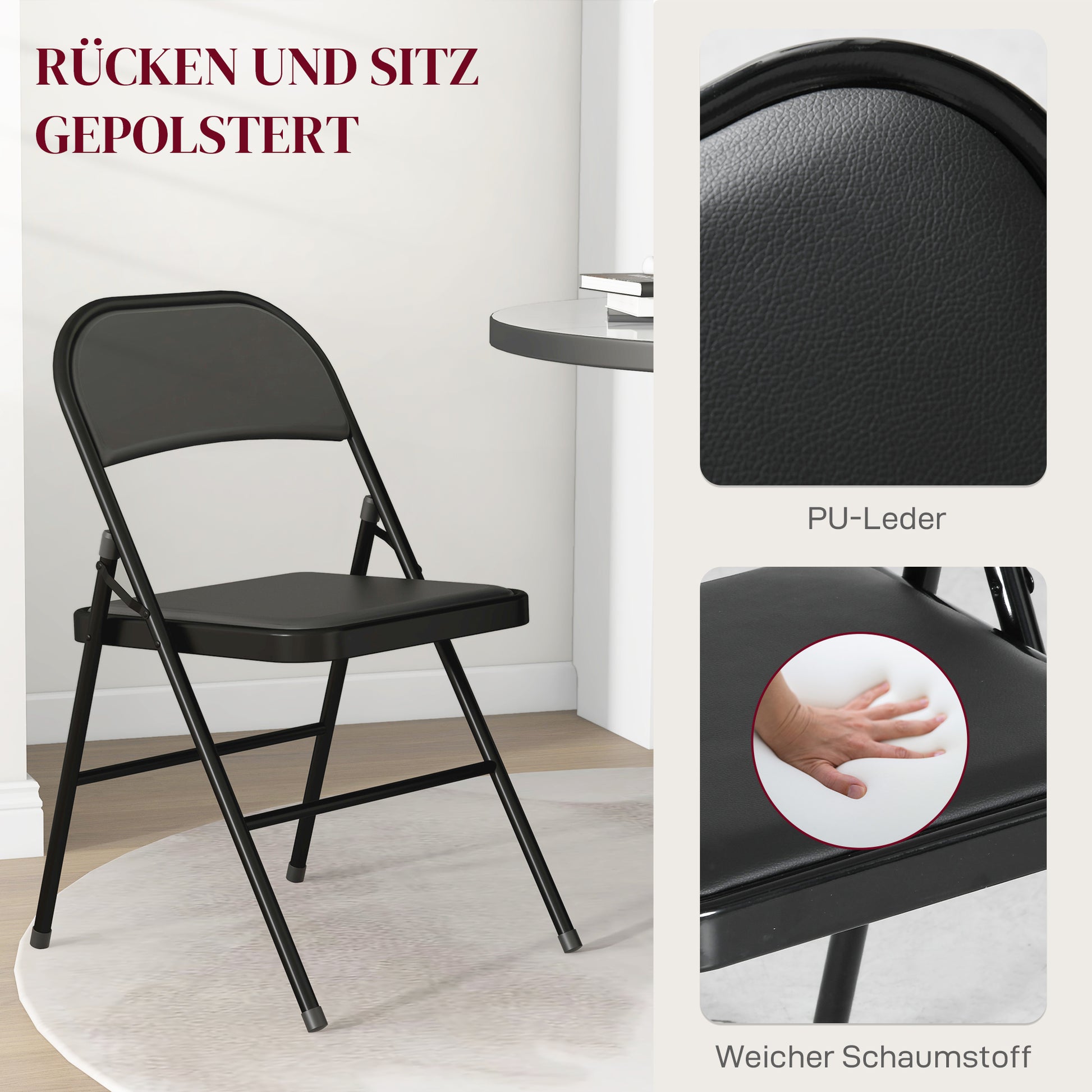 4-Piece Folding Chairs Set, Portable Office Chair with Cushion, Leatherette, Steel Legs, Foldable Chair for Office Reception Waiting Room, Black