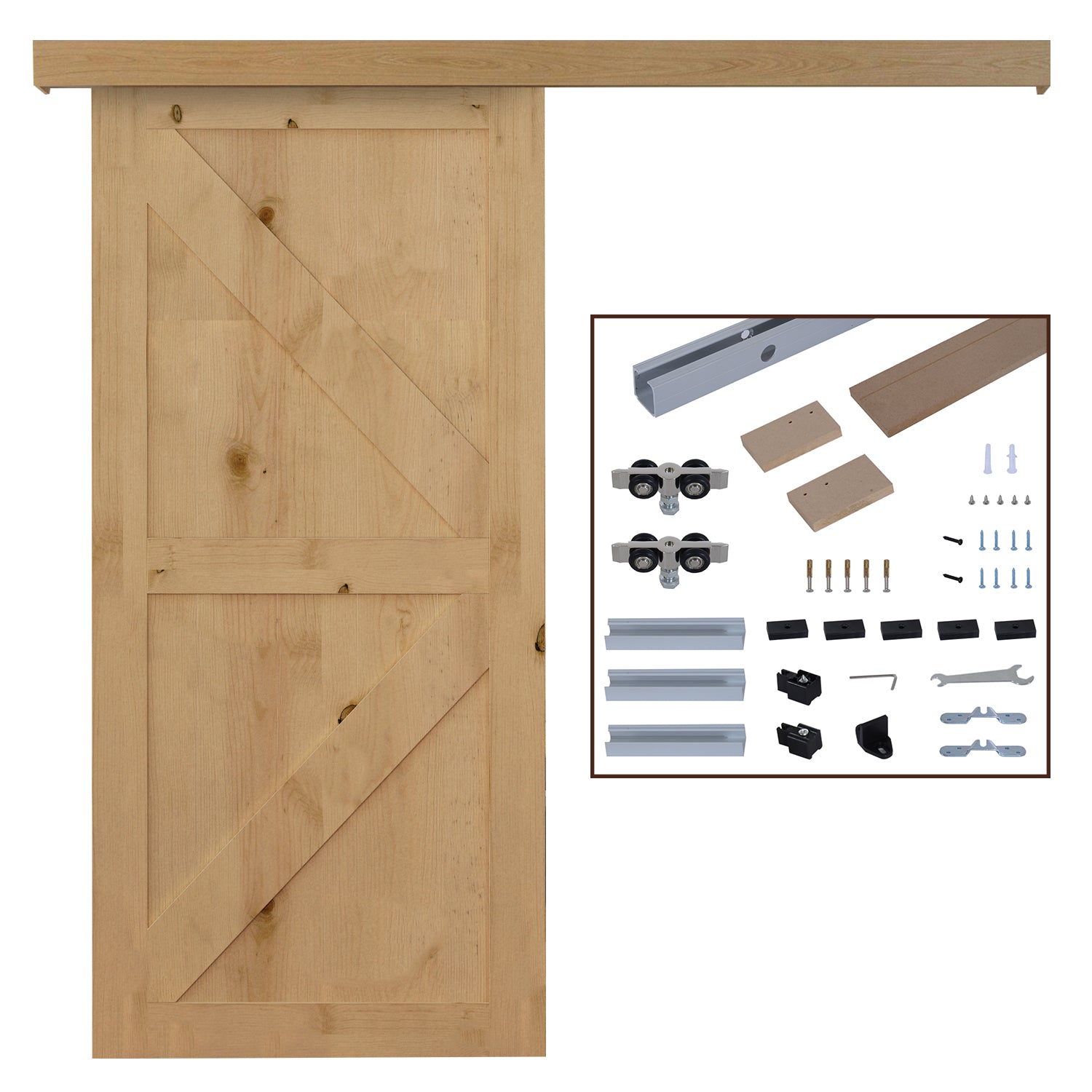 Complete Wooden Sliding Door Kit Hardware Galandage System for Door Thickness 35-45 mm Max Load 75 kg Rail Rollers Screws 200 x 3.05 cm Brown