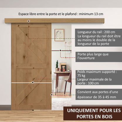 Complete Wooden Sliding Door Kit Hardware Galandage System for Door Thickness 35-45 mm Max Load 75 kg Rail Rollers Screws 200 x 3.05 cm Brown
