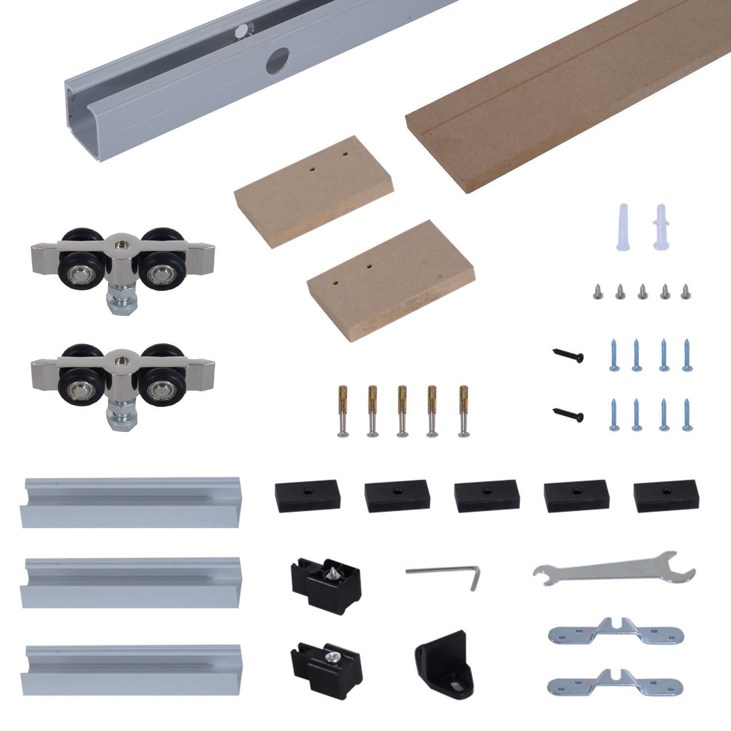 Complete Wooden Sliding Door Kit Hardware Galandage System for Door Thickness 35-45 mm Max Load 75 kg Rail Rollers Screws 200 x 3.05 cm Brown