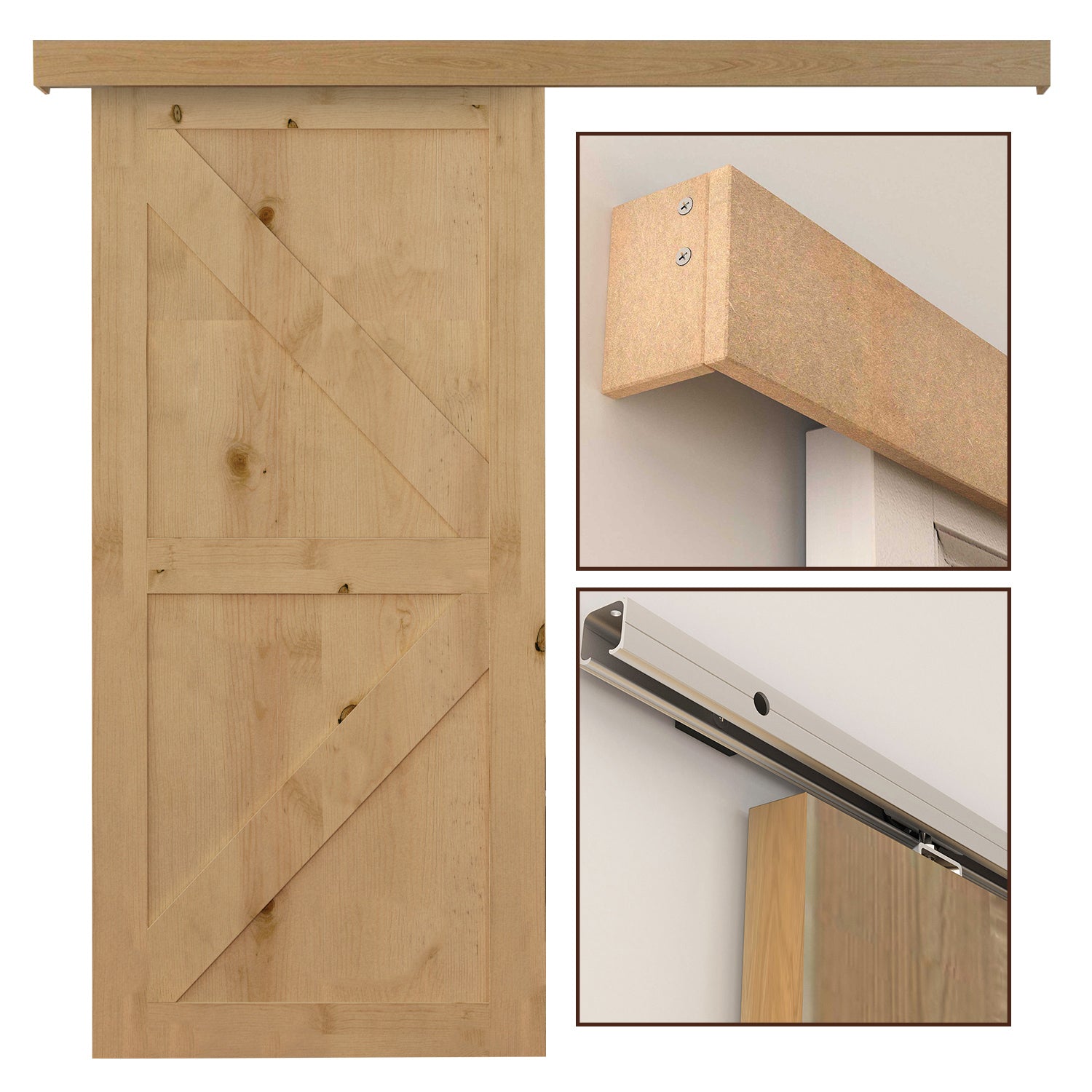 Complete Wooden Sliding Door Kit Hardware Galandage System for Door Thickness 35-45 mm Max Load 75 kg Rail Rollers Screws 200 x 3.05 cm Brown