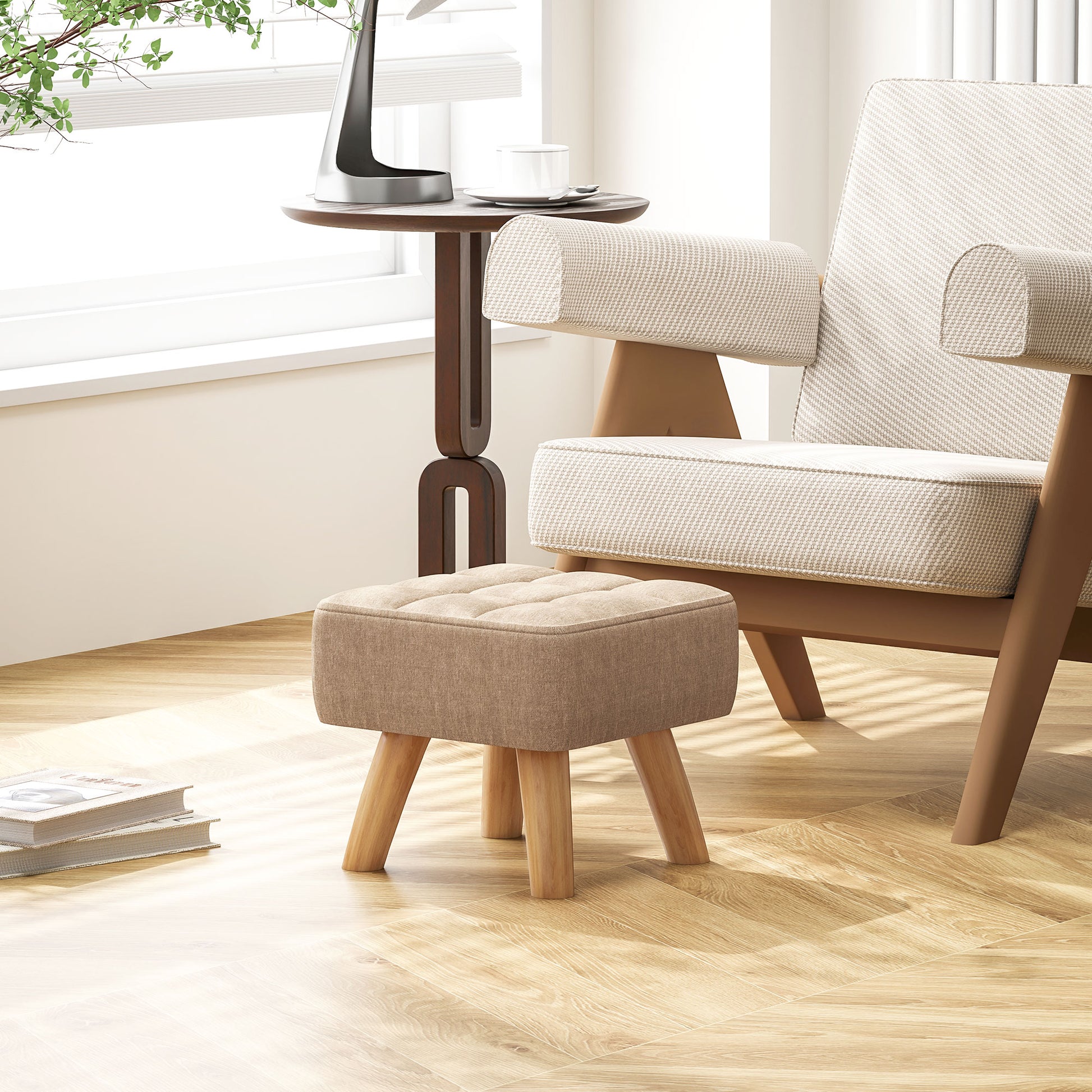 Footstool Stool with Linen Look, Wood Legs, Modern Upholstered Ottoman for Bedroom, Living Room, Brown