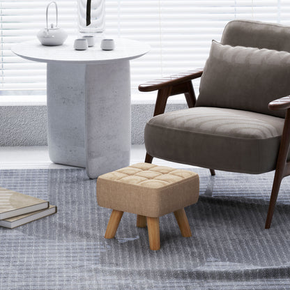 Footstool Stool with Linen Look, Wood Legs, Modern Upholstered Ottoman for Bedroom, Living Room, Brown
