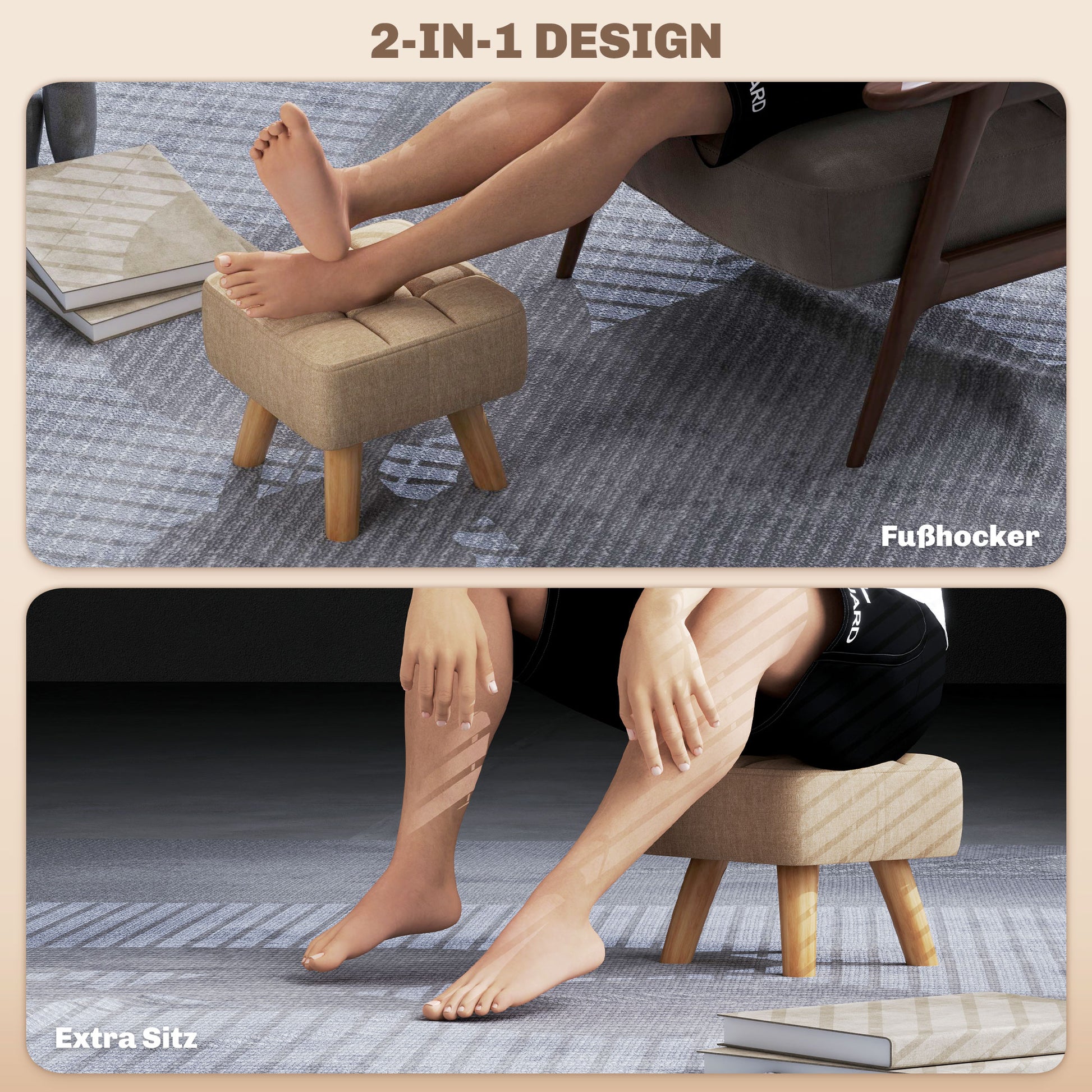Footstool Stool with Linen Look, Wood Legs, Modern Upholstered Ottoman for Bedroom, Living Room, Brown