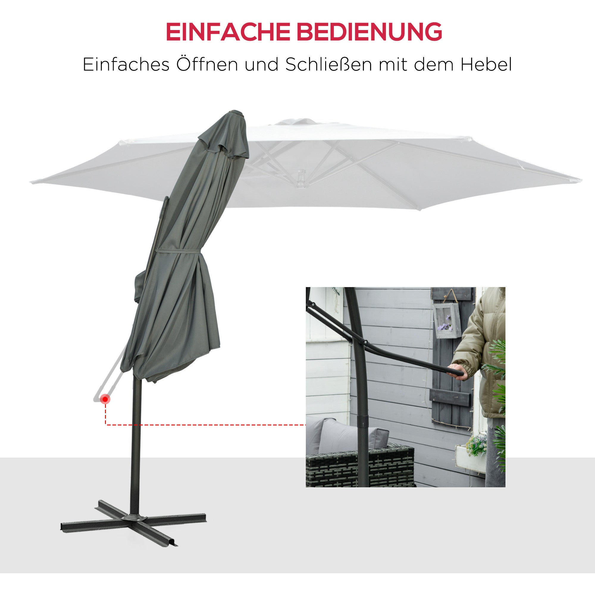 Offset Cantilever Umbrella Ø 293 cm (9.6 ft) – Side Lever, Cross Base Included, Water-Resistant, Wind Vent, UV Protection, Dark Grey