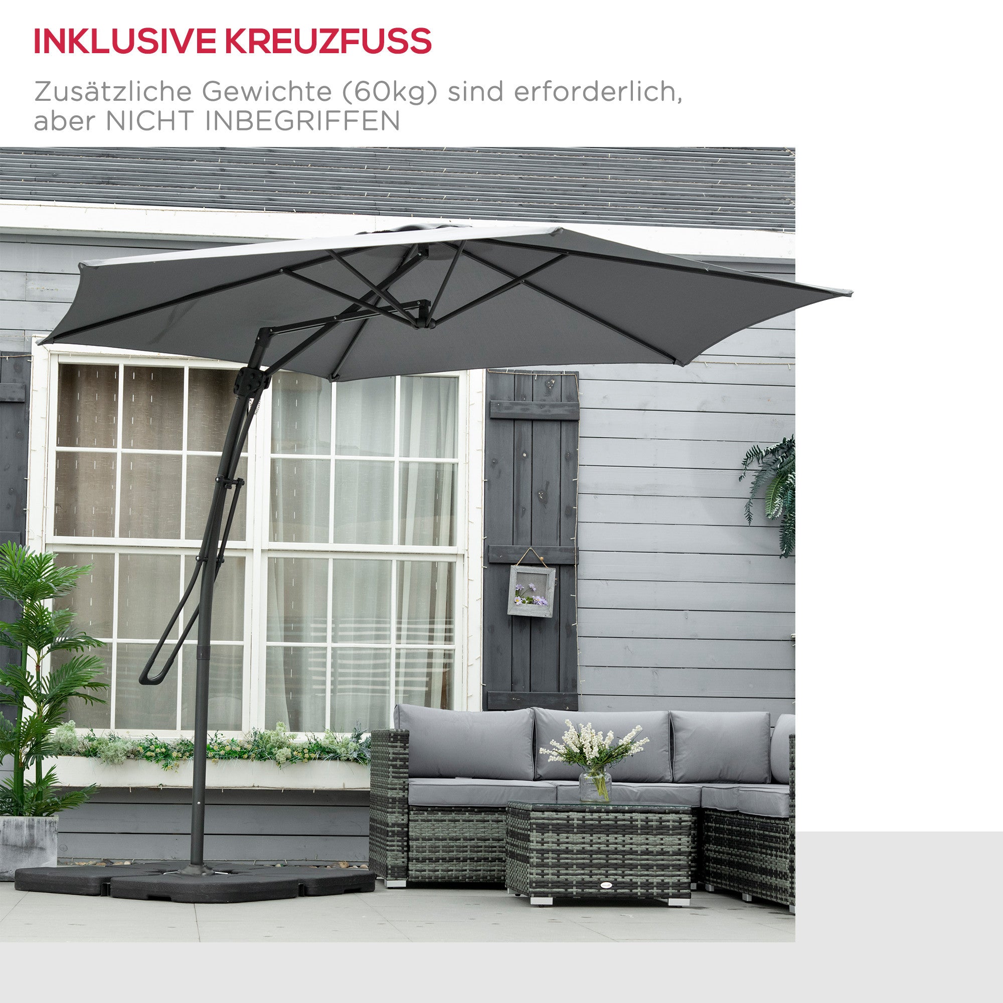 Offset Cantilever Umbrella Ø 293 cm (9.6 ft) – Side Lever, Cross Base Included, Water-Resistant, Wind Vent, UV Protection, Dark Grey