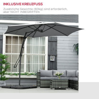 Offset Cantilever Umbrella Ø 293 cm (9.6 ft) – Side Lever, Cross Base Included, Water-Resistant, Wind Vent, UV Protection, Dark Grey