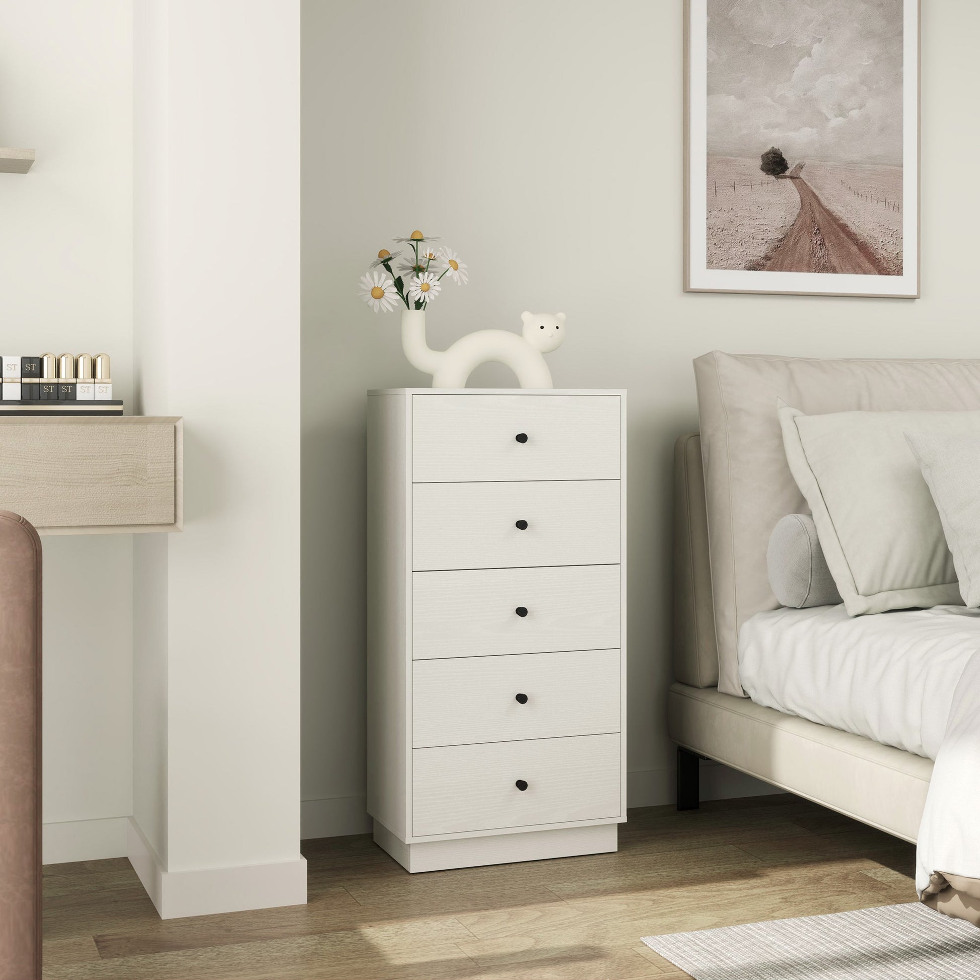 5-Drawer Dresser Slim Bedroom Dresser with Anti-Tip Tall Chest of Drawers for Living Room Hallway 18.5x11.4x37.4 inches White