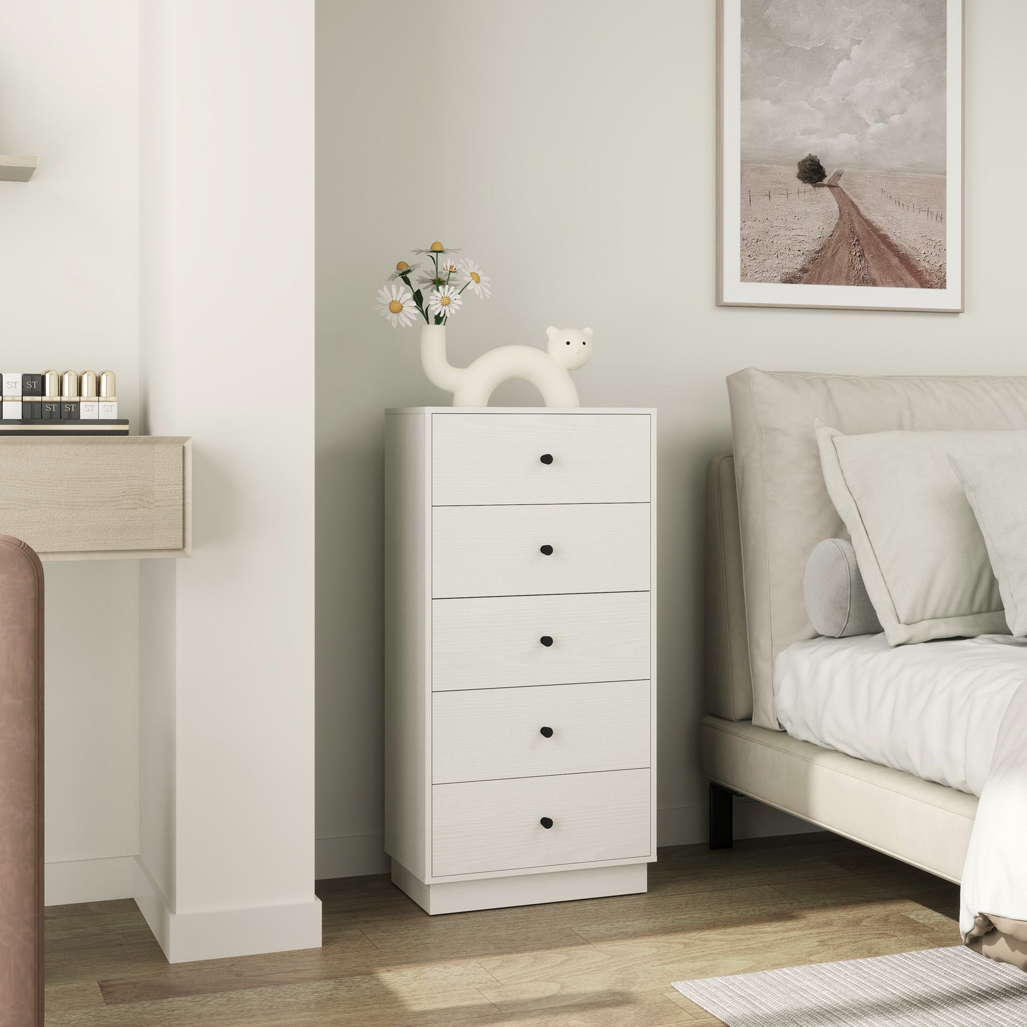 5-Drawer Dresser Slim Bedroom Dresser with Anti-Tip Tall Chest of Drawers for Living Room Hallway 18.5x11.4x37.4 inches White