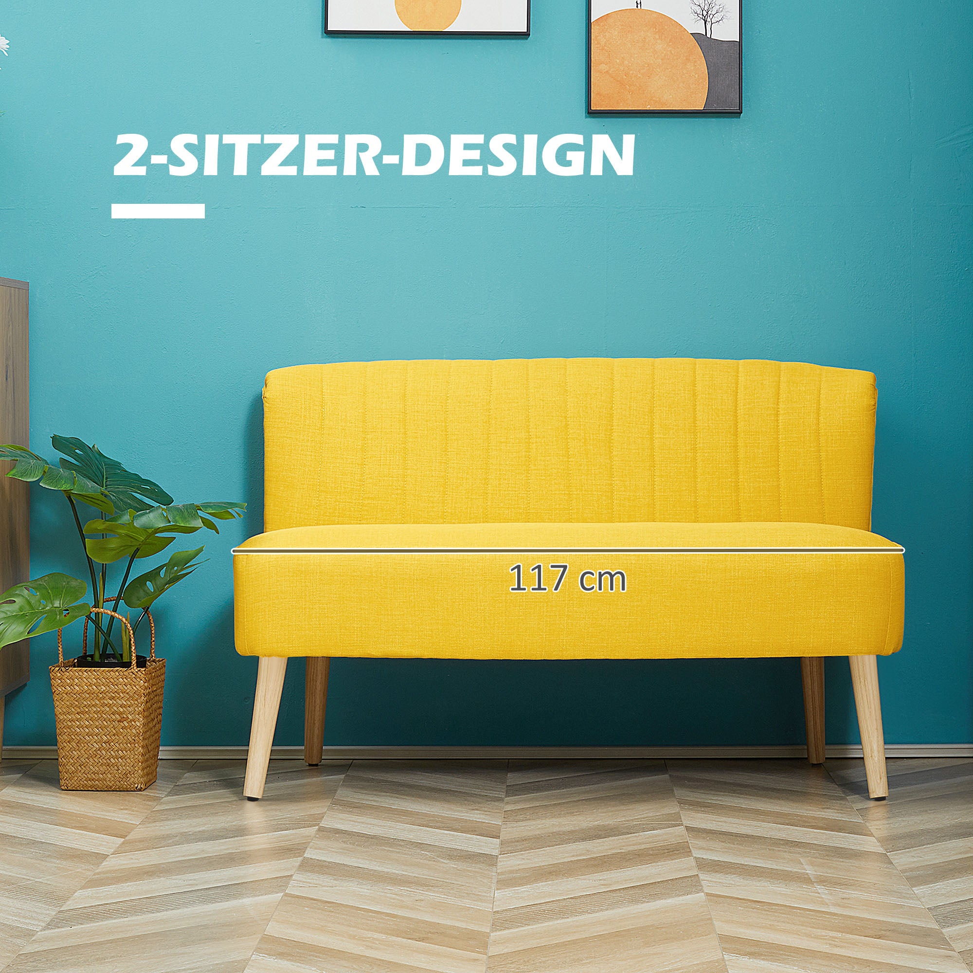 2-Seater Fabric Sofa Upholstered Sofa Double Sofa Retro Look Seating Furniture Lounge Sofa Wooden Frame Yellow 117 x 56.5 x 77 cm