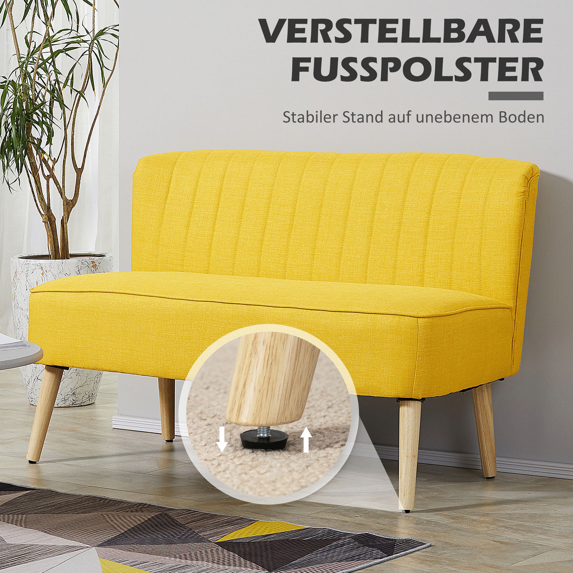 2-Seater Fabric Sofa Upholstered Sofa Double Sofa Retro Look Seating Furniture Lounge Sofa Wooden Frame Yellow 117 x 56.5 x 77 cm
