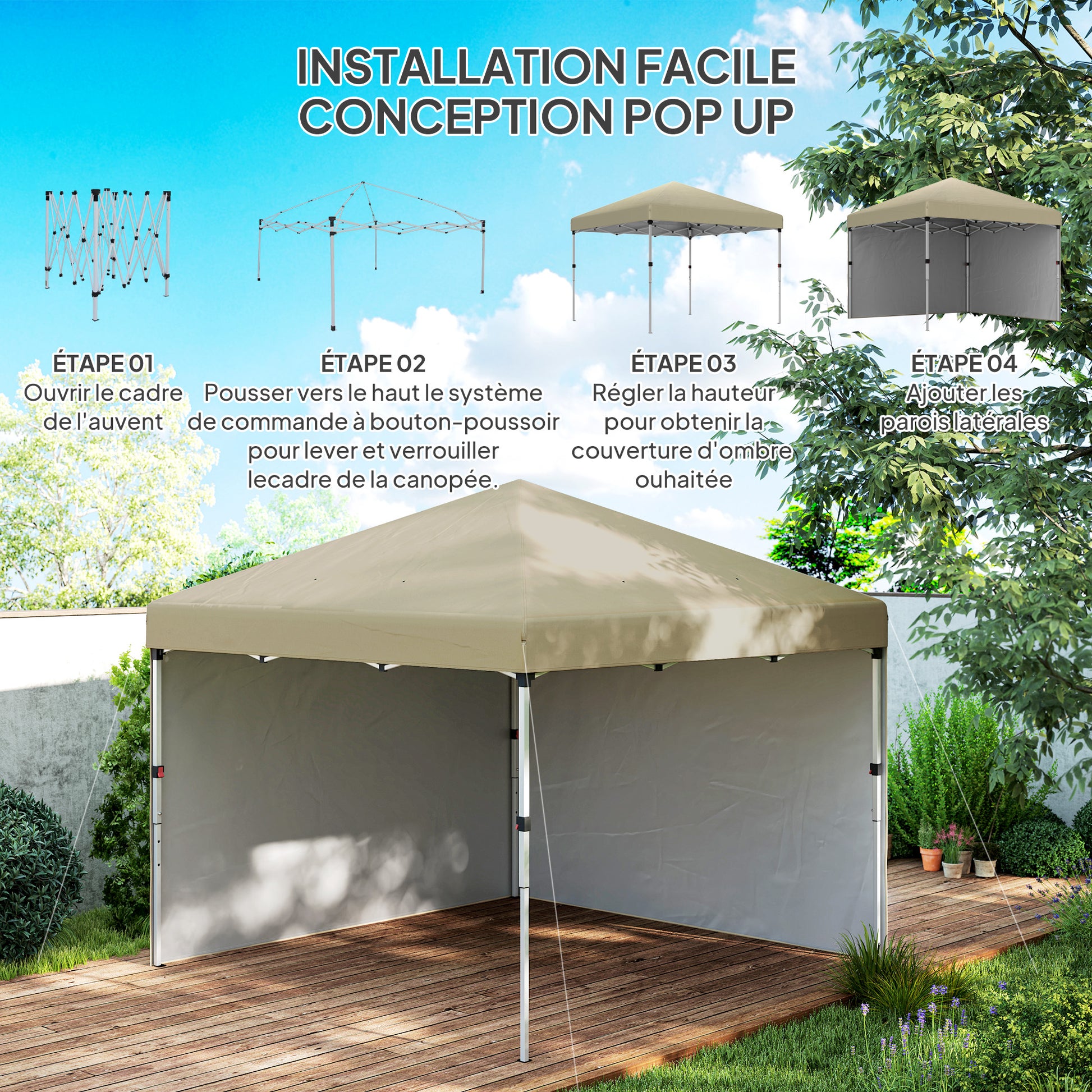 Pop-Up Garden Gazebo Folding Canopy Adjustable Height UV 30+ Protection 2 Side Walls - Carry Bag Included - for Outdoor Party, Event - 297 x 297 x 288 cm Beige