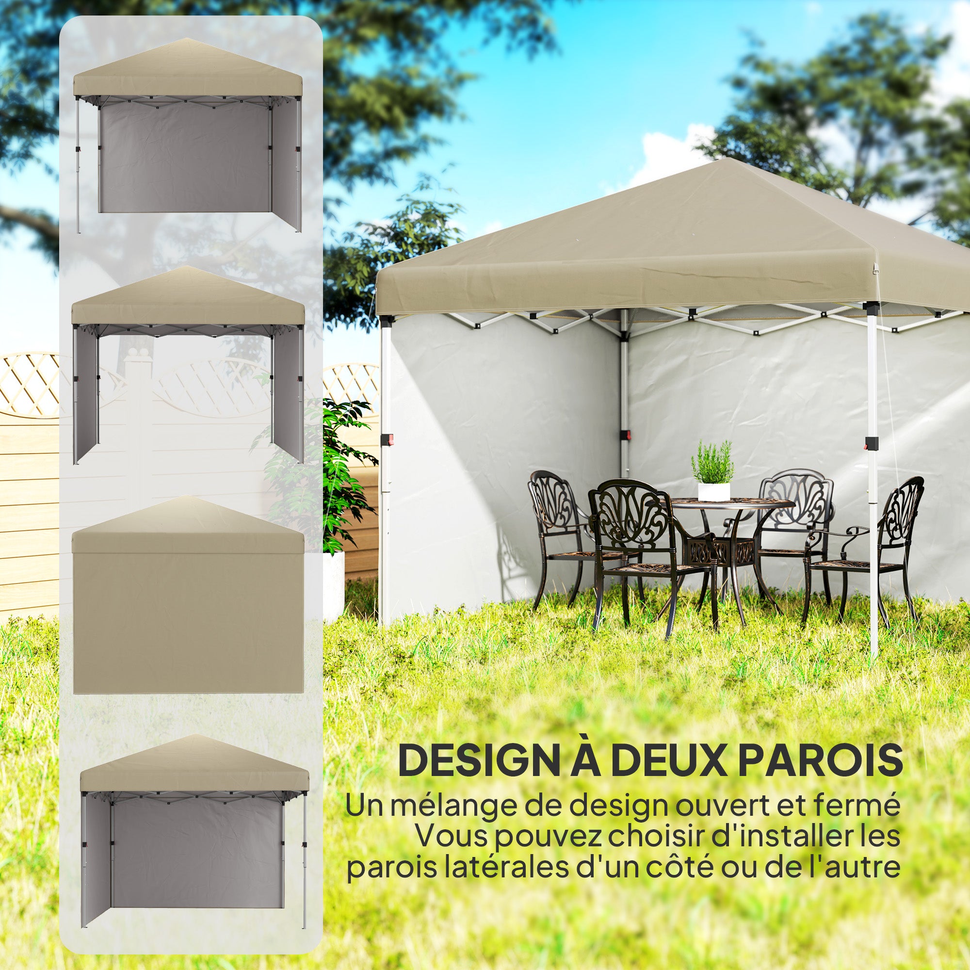 Pop-Up Garden Gazebo Folding Canopy Adjustable Height UV 30+ Protection 2 Side Walls - Carry Bag Included - for Outdoor Party, Event - 297 x 297 x 288 cm Beige