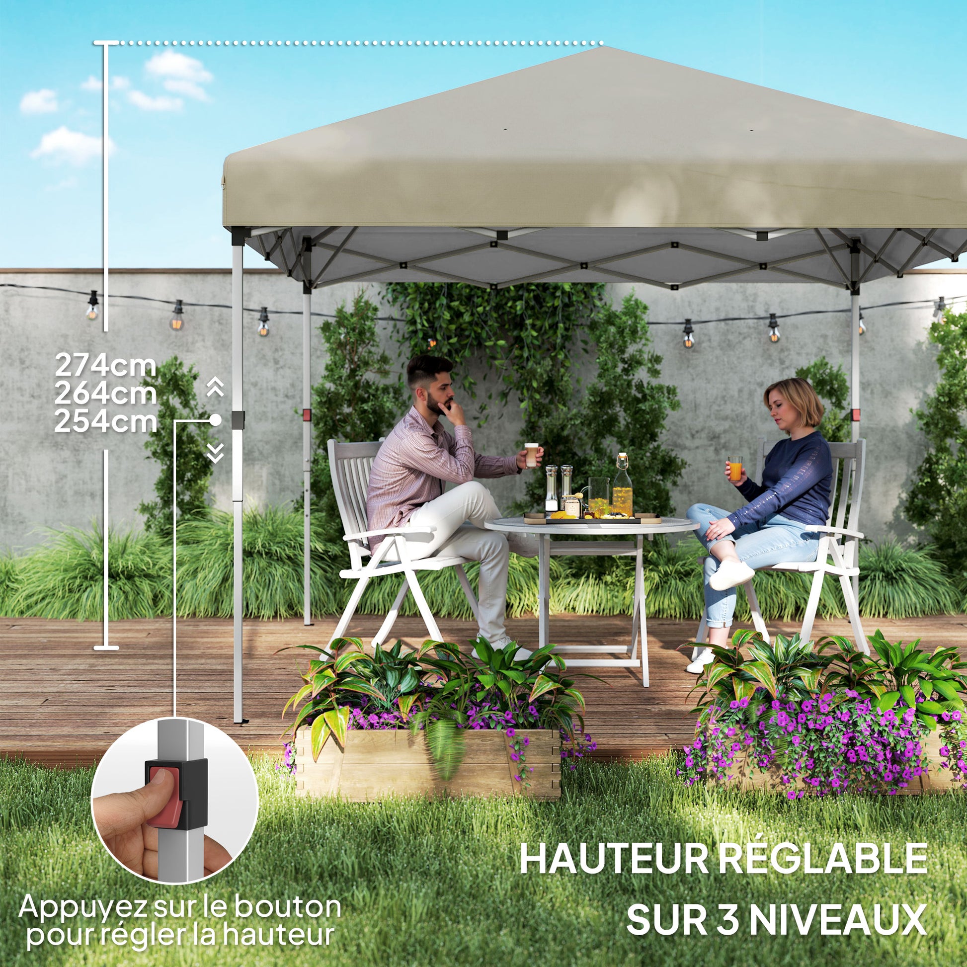 Pop-Up Garden Gazebo Folding Canopy Adjustable Height UV 30+ Protection 2 Side Walls - Carry Bag Included - for Outdoor Party, Event - 297 x 297 x 288 cm Beige