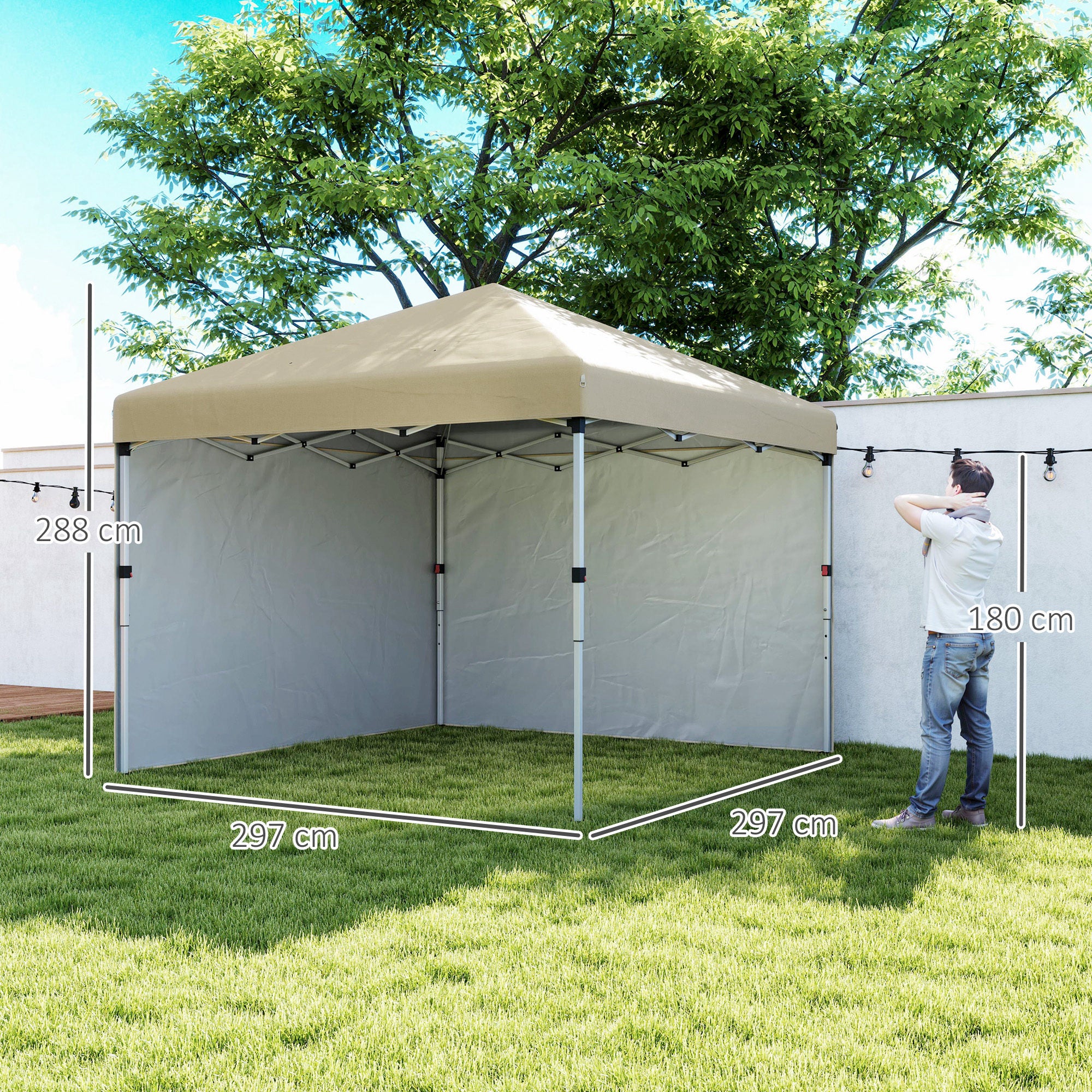 Pop-Up Garden Gazebo Folding Canopy Adjustable Height UV 30+ Protection 2 Side Walls - Carry Bag Included - for Outdoor Party, Event - 297 x 297 x 288 cm Beige