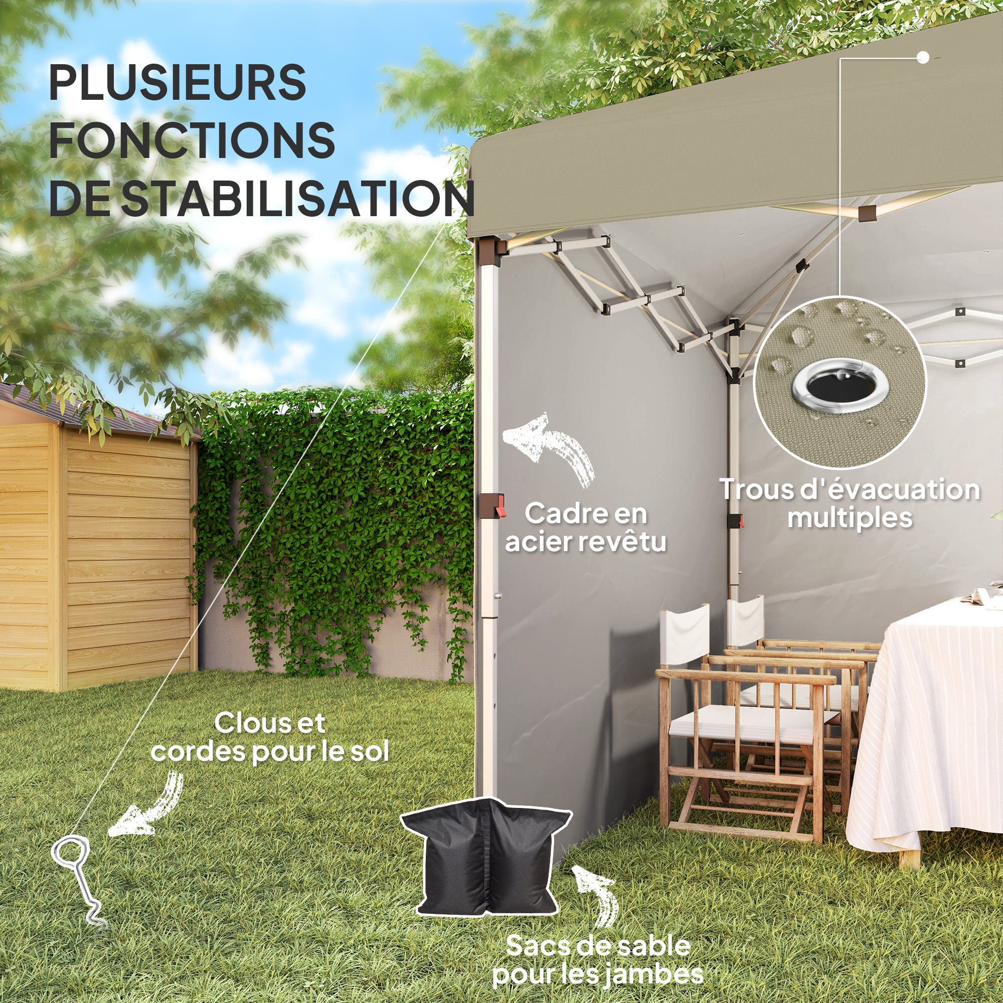 Pop-Up Garden Gazebo Folding Canopy Adjustable Height UV 30+ Protection 2 Side Walls - Carry Bag Included - for Outdoor Party, Event - 297 x 297 x 288 cm Beige