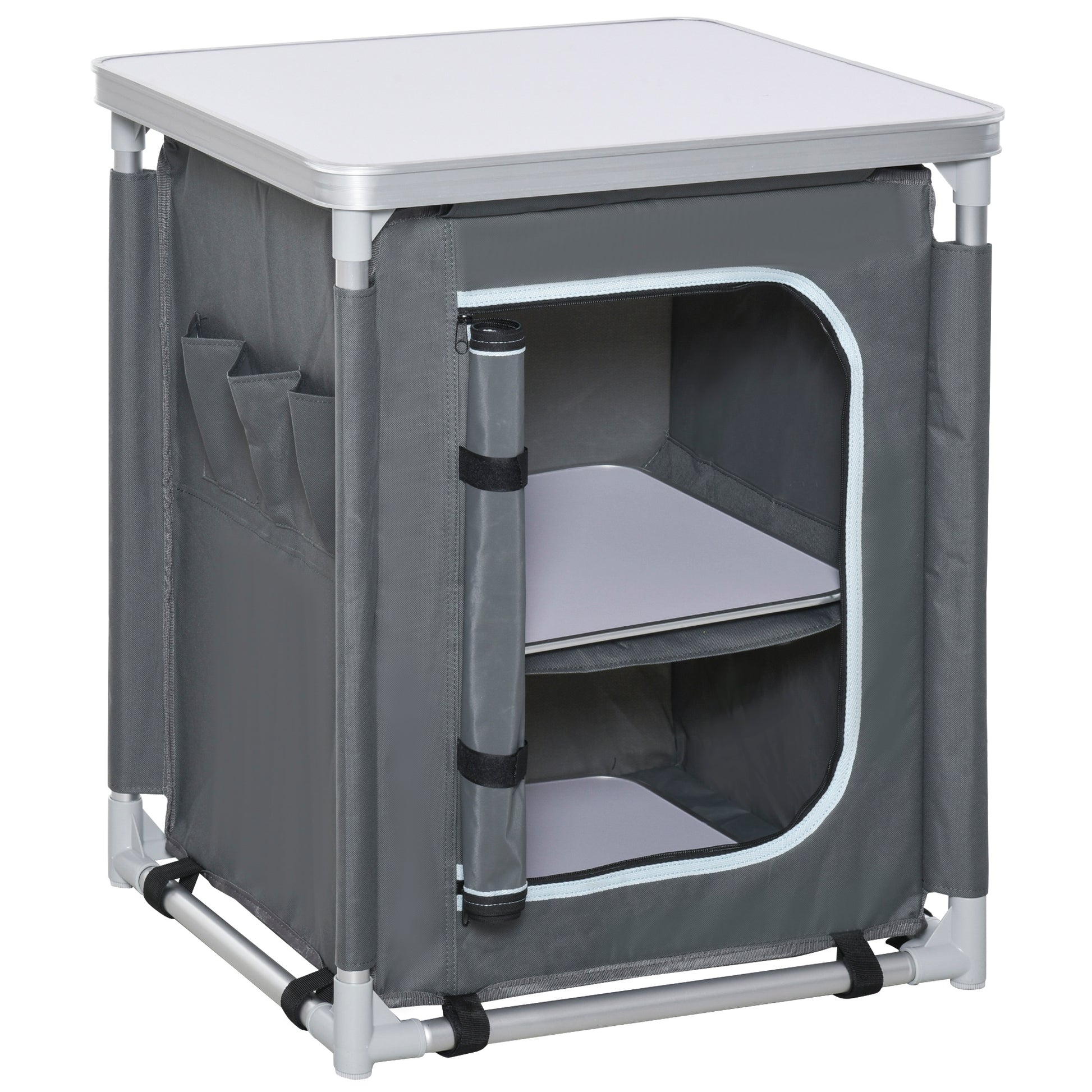 Folding Camping Kitchen Cabinet with 2 Shelves and Carry Bag, Aluminum and Oxford Fabric 60x49x70 cm Gray