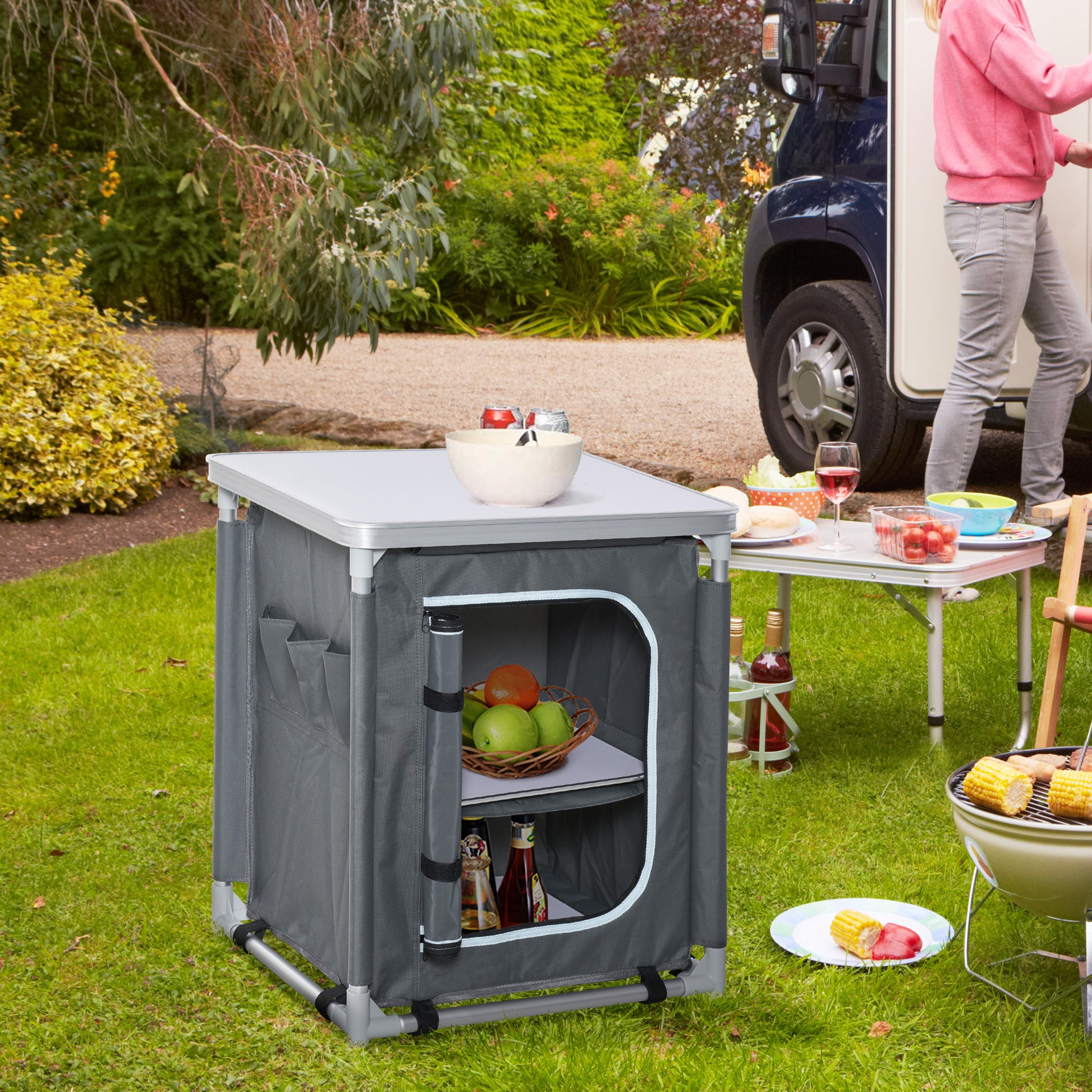 Folding Camping Kitchen Cabinet with 2 Shelves and Carry Bag, Aluminum and Oxford Fabric 60x49x70 cm Gray