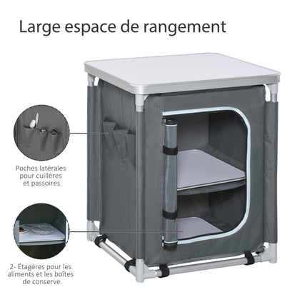 Folding Camping Kitchen Cabinet with 2 Shelves and Carry Bag, Aluminum and Oxford Fabric 60x49x70 cm Gray