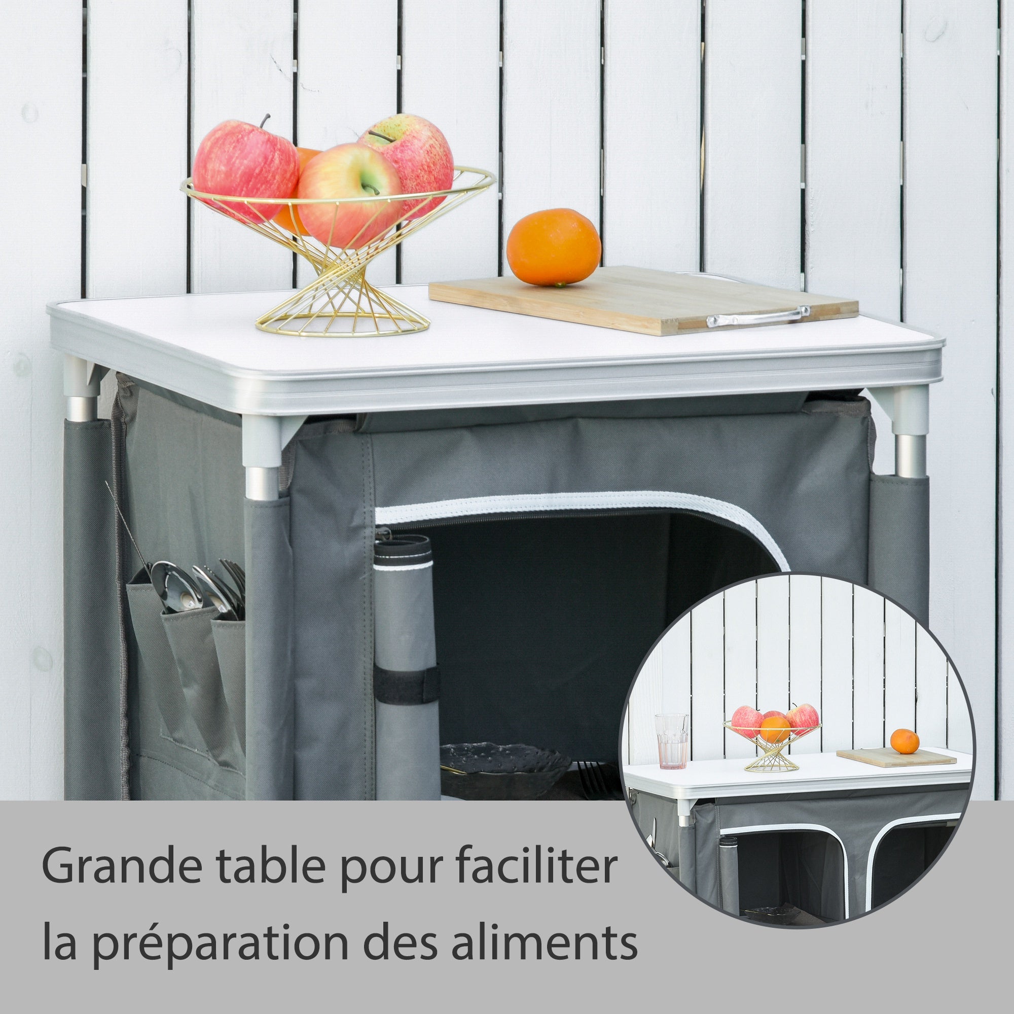 Folding Camping Kitchen Cabinet with 2 Shelves and Carry Bag, Aluminum and Oxford Fabric 60x49x70 cm Gray