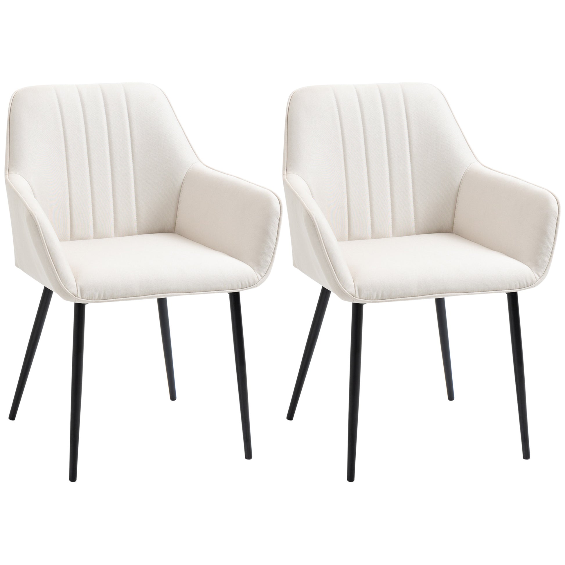 Scandinavian Design Dining Room Chairs Visitor Chairs - Set of 2 Chairs - Black Metal Slim Legs - Ergonomic Linen Upholstered Seat Backrest Armrests Beige