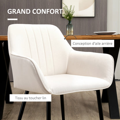 Scandinavian Design Dining Room Chairs Visitor Chairs - Set of 2 Chairs - Black Metal Slim Legs - Ergonomic Linen Upholstered Seat Backrest Armrests Beige