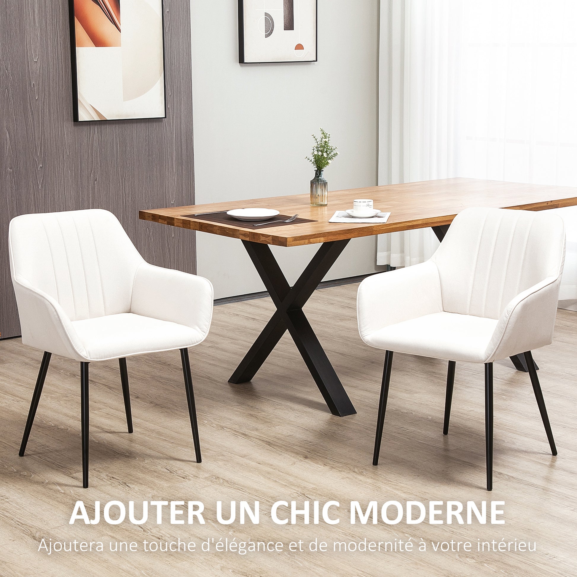 Scandinavian Design Dining Room Chairs Visitor Chairs - Set of 2 Chairs - Black Metal Slim Legs - Ergonomic Linen Upholstered Seat Backrest Armrests Beige