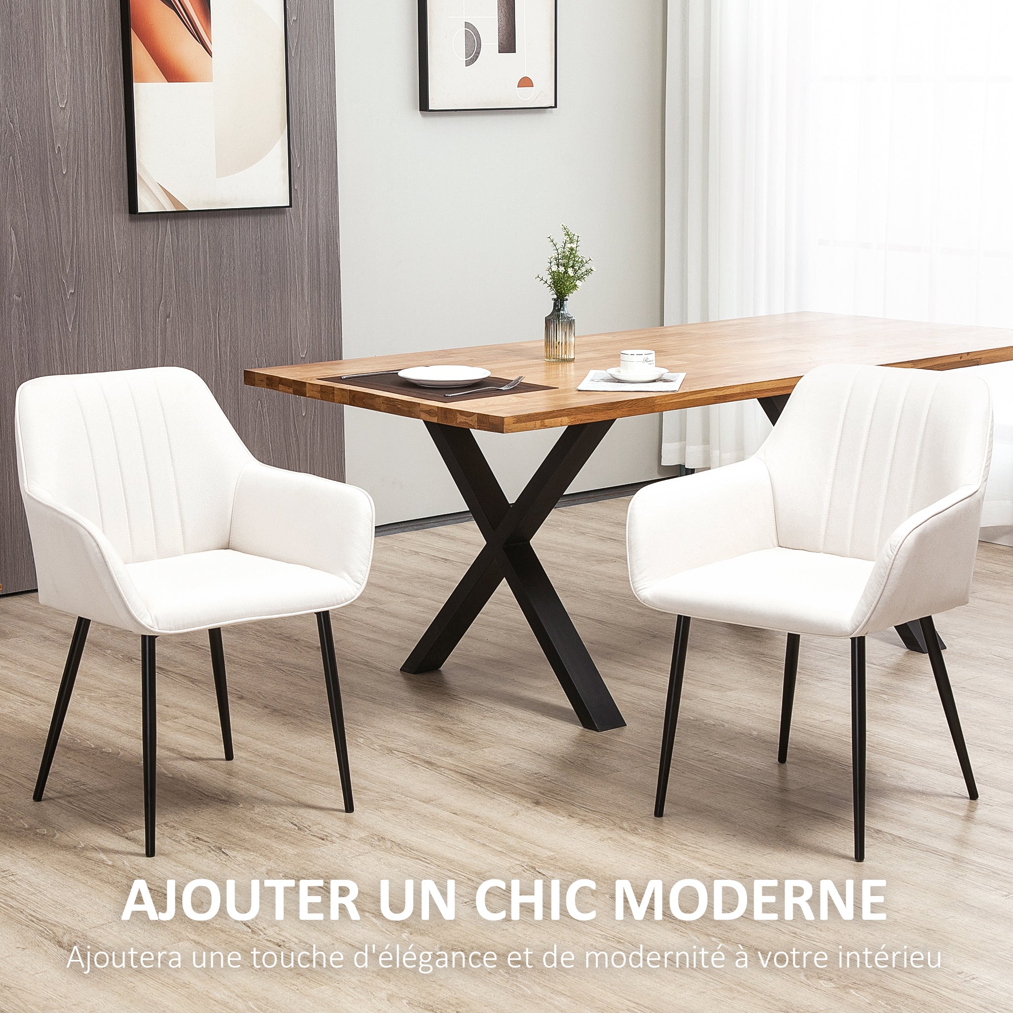 Scandinavian Design Dining Room Chairs Visitor Chairs - Set of 2 Chairs - Black Metal Slim Legs - Ergonomic Linen Upholstered Seat Backrest Armrests Beige