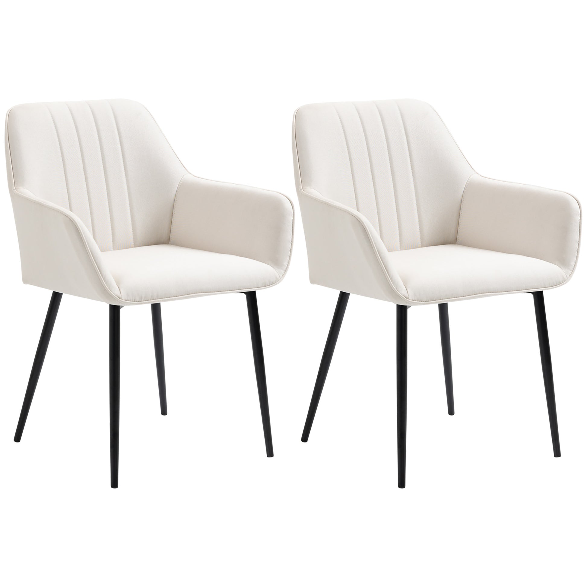 Scandinavian Design Dining Room Chairs Visitor Chairs - Set of 2 Chairs - Black Metal Slim Legs - Ergonomic Linen Upholstered Seat Backrest Armrests Beige