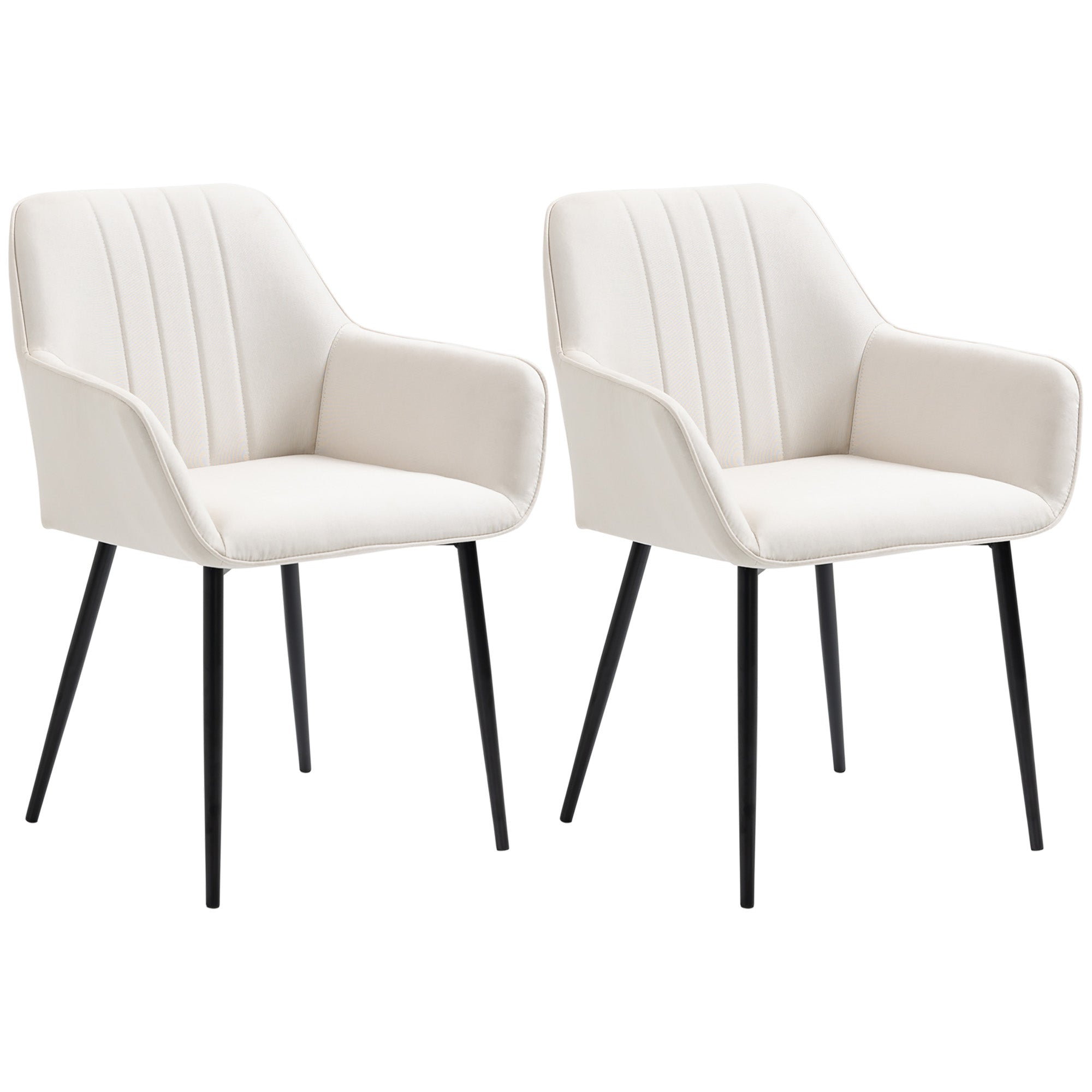 Scandinavian Design Dining Room Chairs Visitor Chairs - Set of 2 Chairs - Black Metal Slim Legs - Ergonomic Linen Upholstered Seat Backrest Armrests Beige