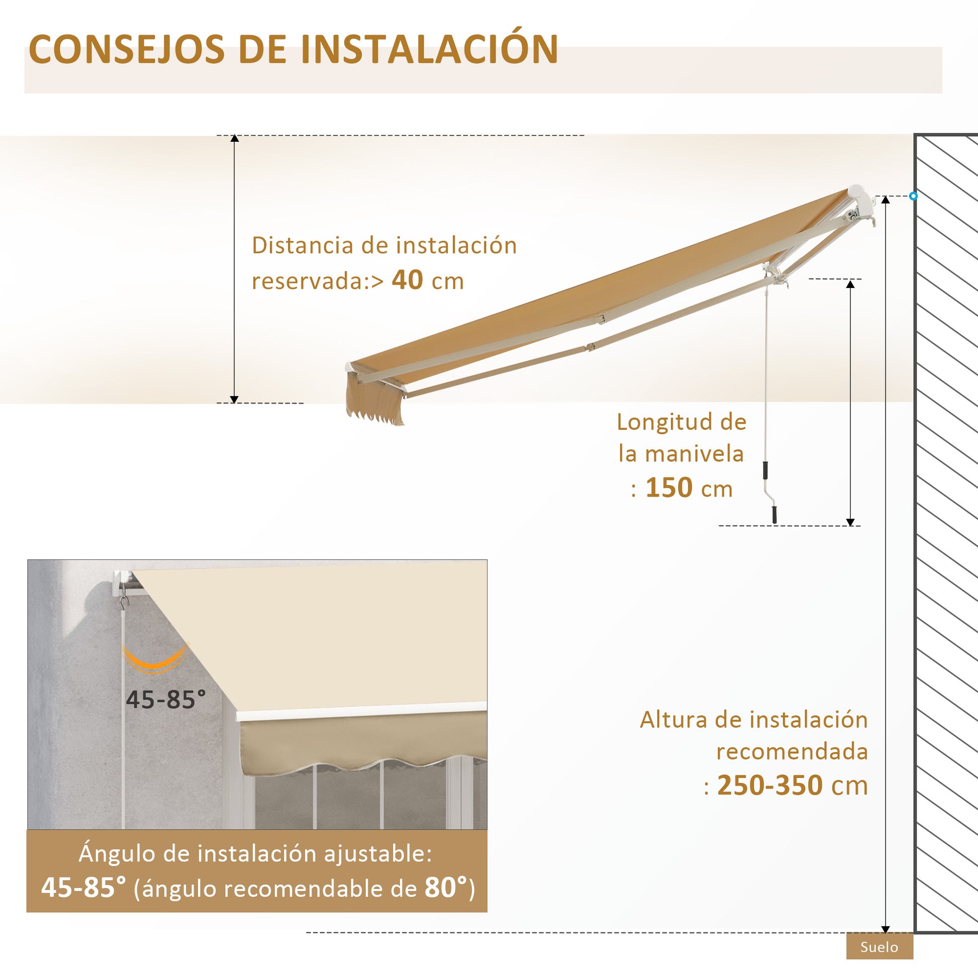 Manual Retractable Awning 295x245 cm Balcony Awning with Metal Crank Waterproof and Anti-UV Exterior Roll-Up Awning for Garden Terrace Windows Beige