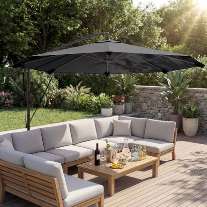 Offset Umbrella, Ø2.95 m (9.7 ft), Garden Parasol with Cross Base, Crank, Protective Cover and Wind Ropes, UPF30+, for Patio, Dark Gray