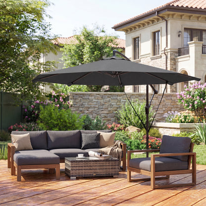 Offset Umbrella, Ø2.95 m (9.7 ft), Garden Parasol with Cross Base, Crank, Protective Cover and Wind Ropes, UPF30+, for Patio, Dark Gray