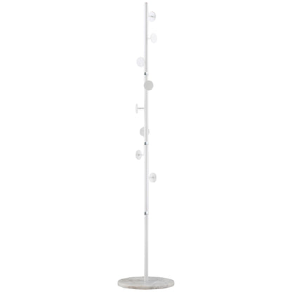Coat Rack Tree with 8 Hooks and Round Base, Floor Coat Rack in Steel and Marble, 35x35x170 cm, White