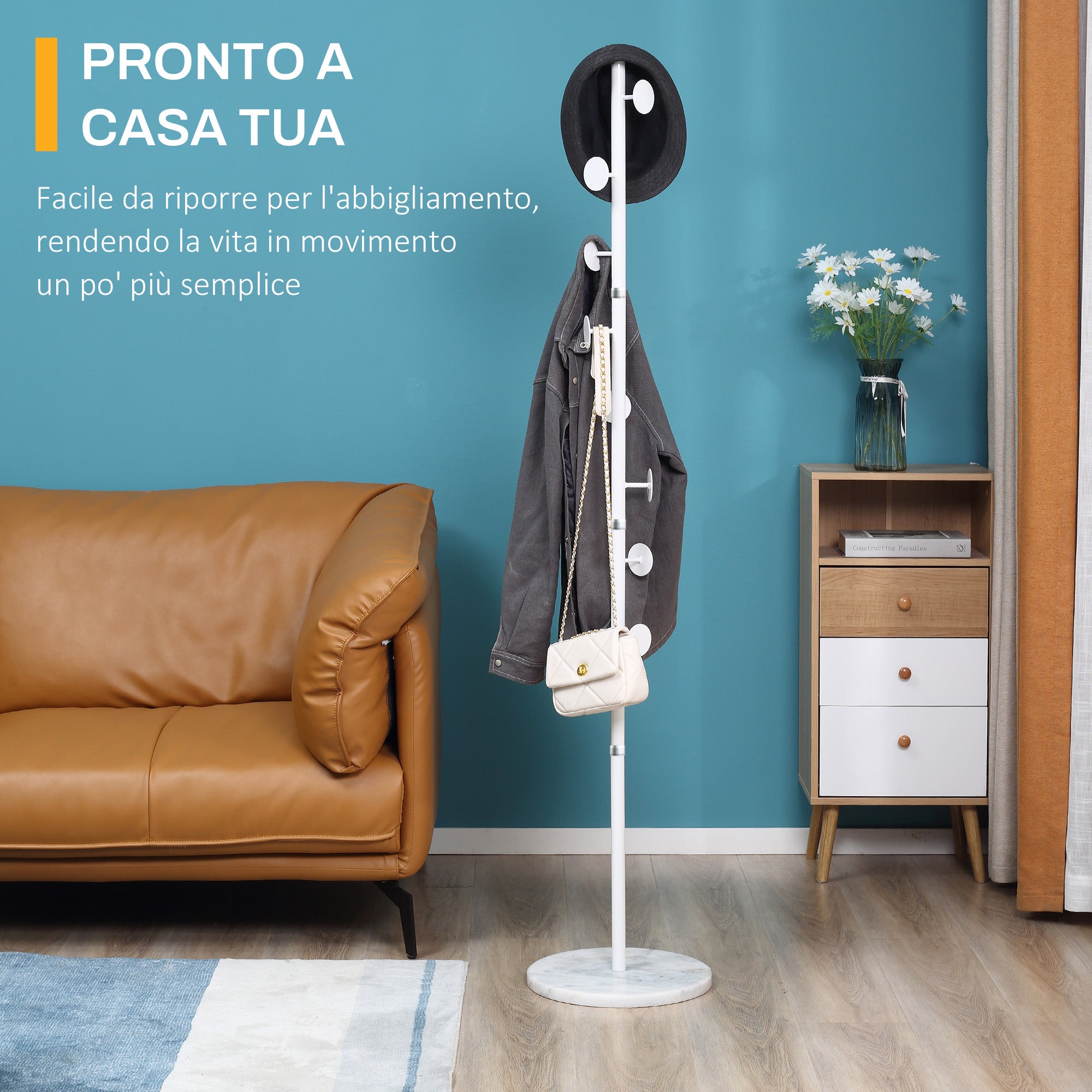 Coat Rack Tree with 8 Hooks and Round Base, Floor Coat Rack in Steel and Marble, 35x35x170 cm, White