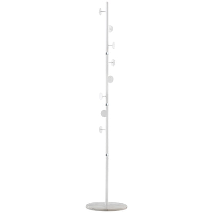 Coat Rack Tree with 8 Hooks and Round Base, Floor Coat Rack in Steel and Marble, 35x35x170 cm, White