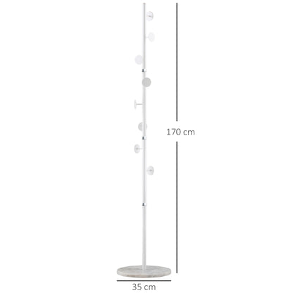 Coat Rack Tree with 8 Hooks and Round Base, Floor Coat Rack in Steel and Marble, 35x35x170 cm, White