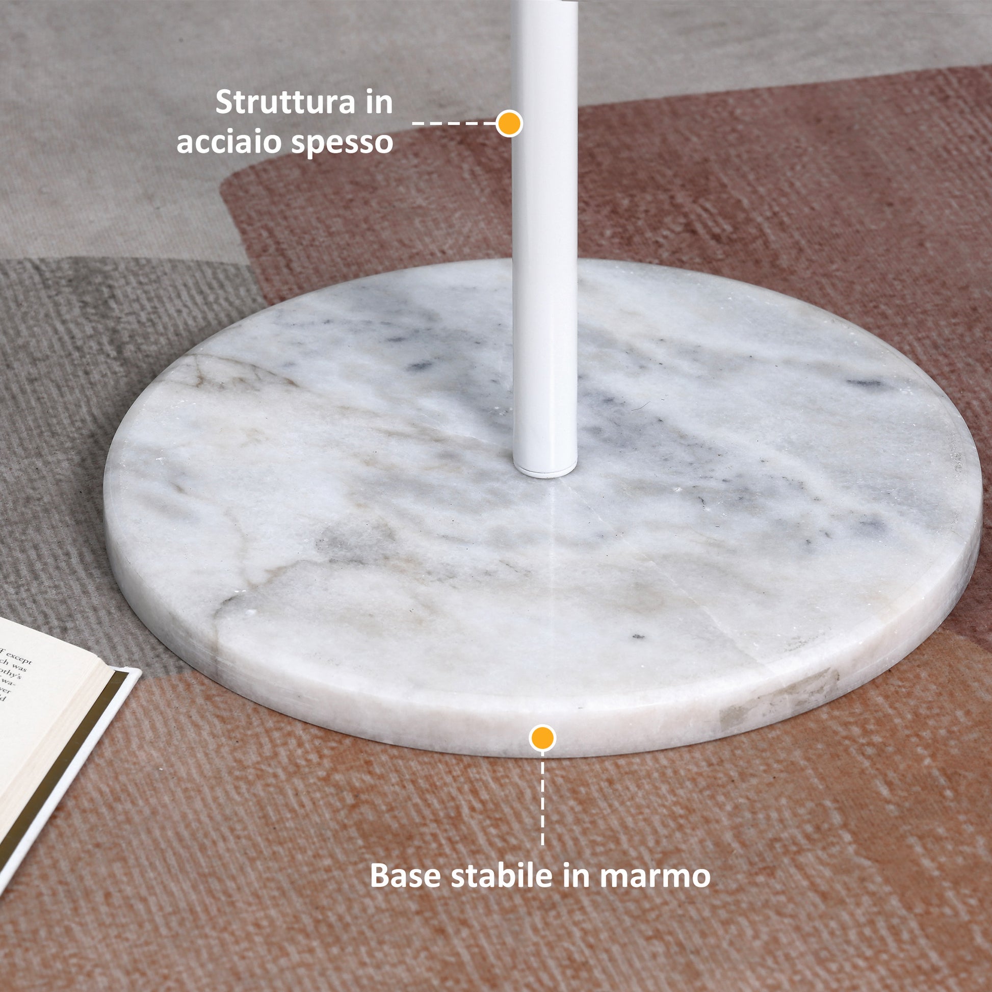 Coat Rack Tree with 8 Hooks and Round Base, Floor Coat Rack in Steel and Marble, 35x35x170 cm, White