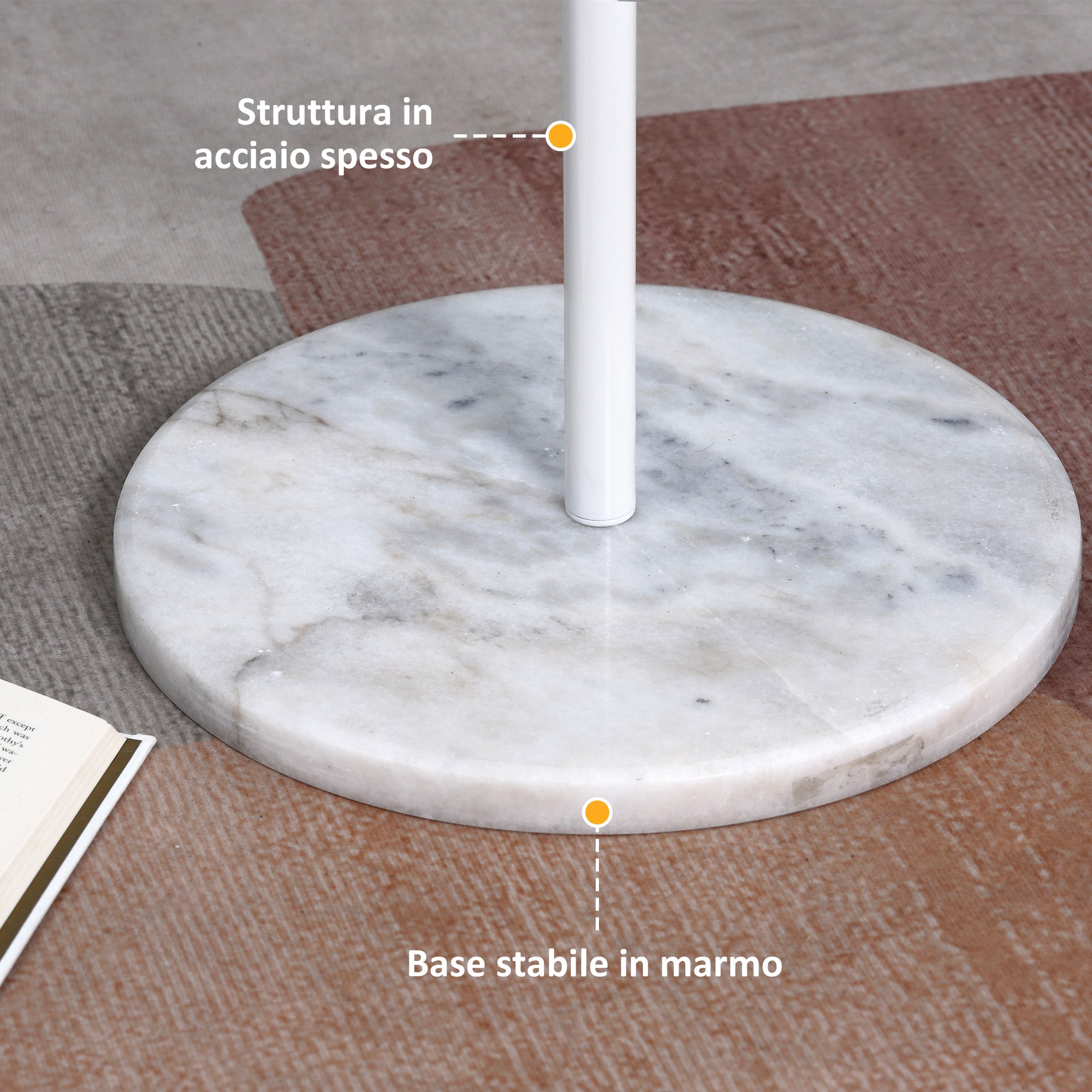 Coat Rack Tree with 8 Hooks and Round Base, Floor Coat Rack in Steel and Marble, 35x35x170 cm, White