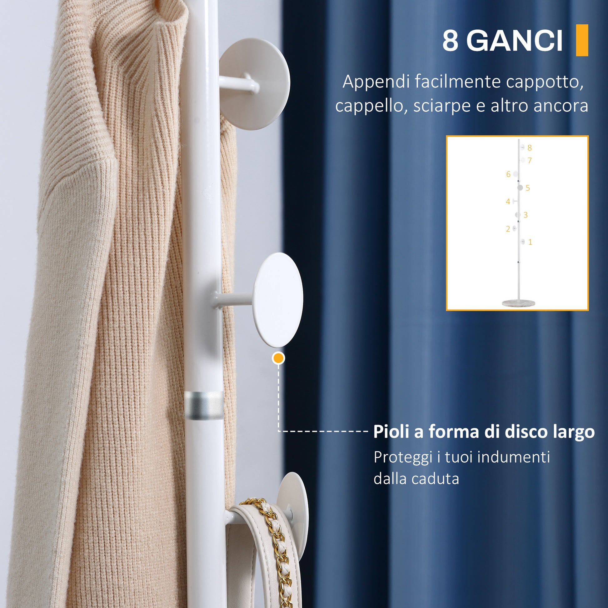 Coat Rack Tree with 8 Hooks and Round Base, Floor Coat Rack in Steel and Marble, 35x35x170 cm, White