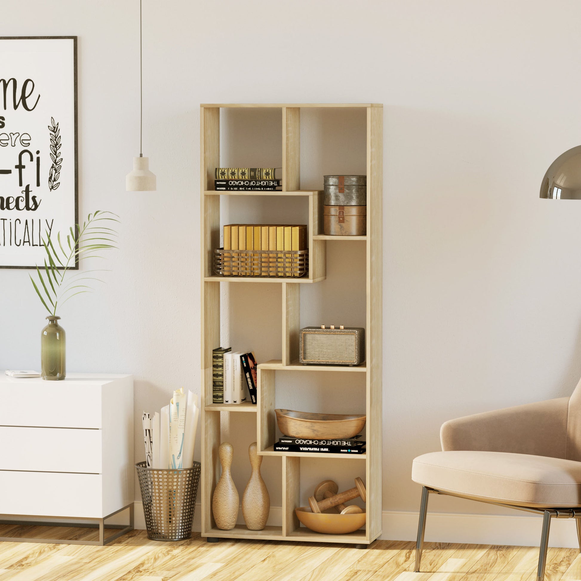 Contemporary Zig Zag Bookcase Shelf 70L x 24W x 178H cm Particle Board Natural Wood