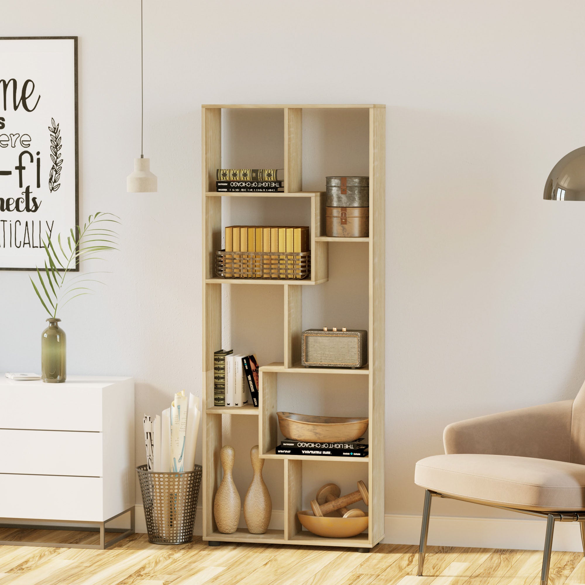 Contemporary Zig Zag Bookcase Shelf 70L x 24W x 178H cm Particle Board Natural Wood